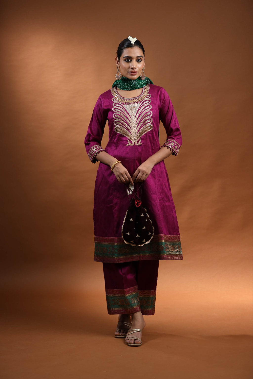 Magenta Kurti Set with Gold Embroidery & Floral Patterns