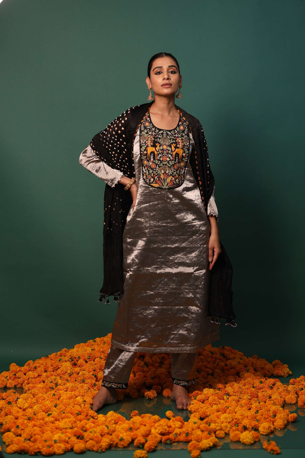 Silver Kurti Set with Jardoshi Embroidery & Black Dupatta