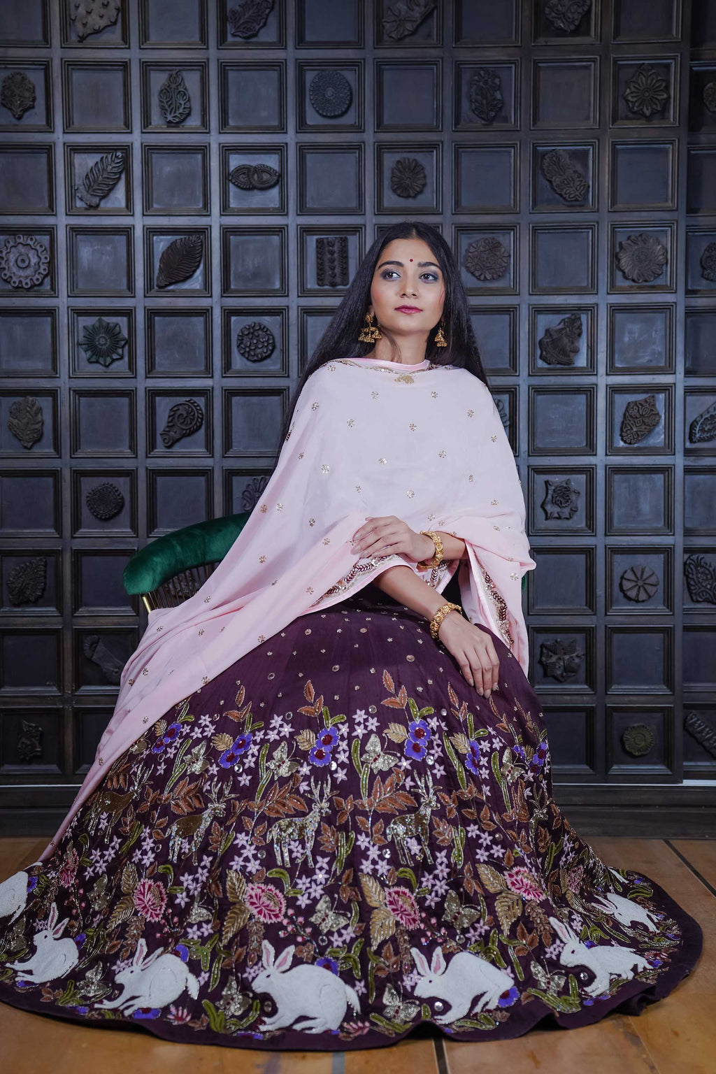 Deep Maroon Lehenga with Floral & Rabbit Motifs – Traditional Elegance