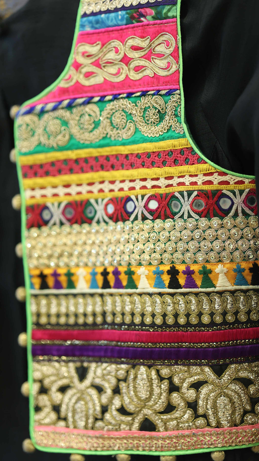 Black Kurti Set with Colorful Embroidery and Pompom Details