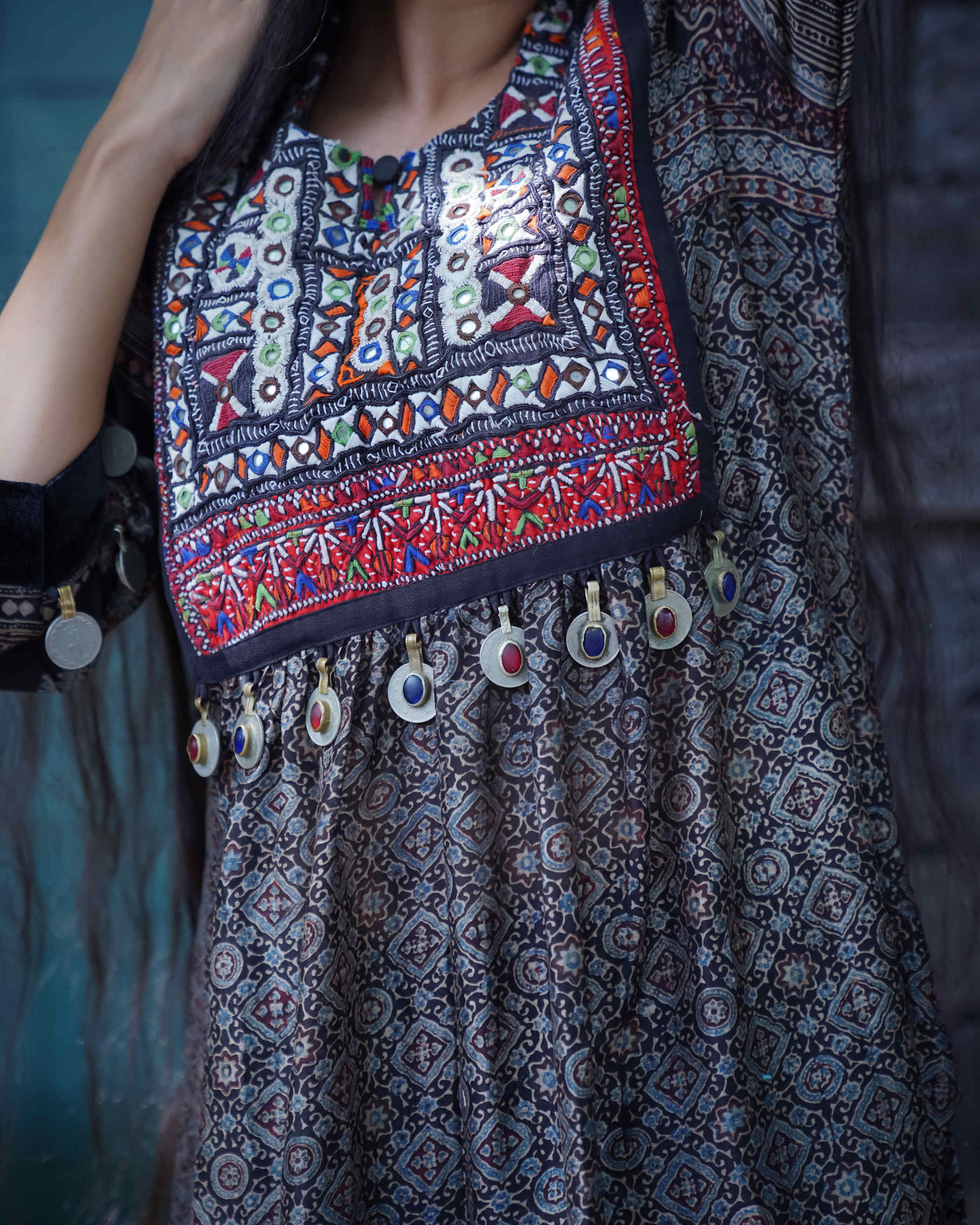 Ajrak Blue Kurti Set with Embroidered Yoke & Motifs