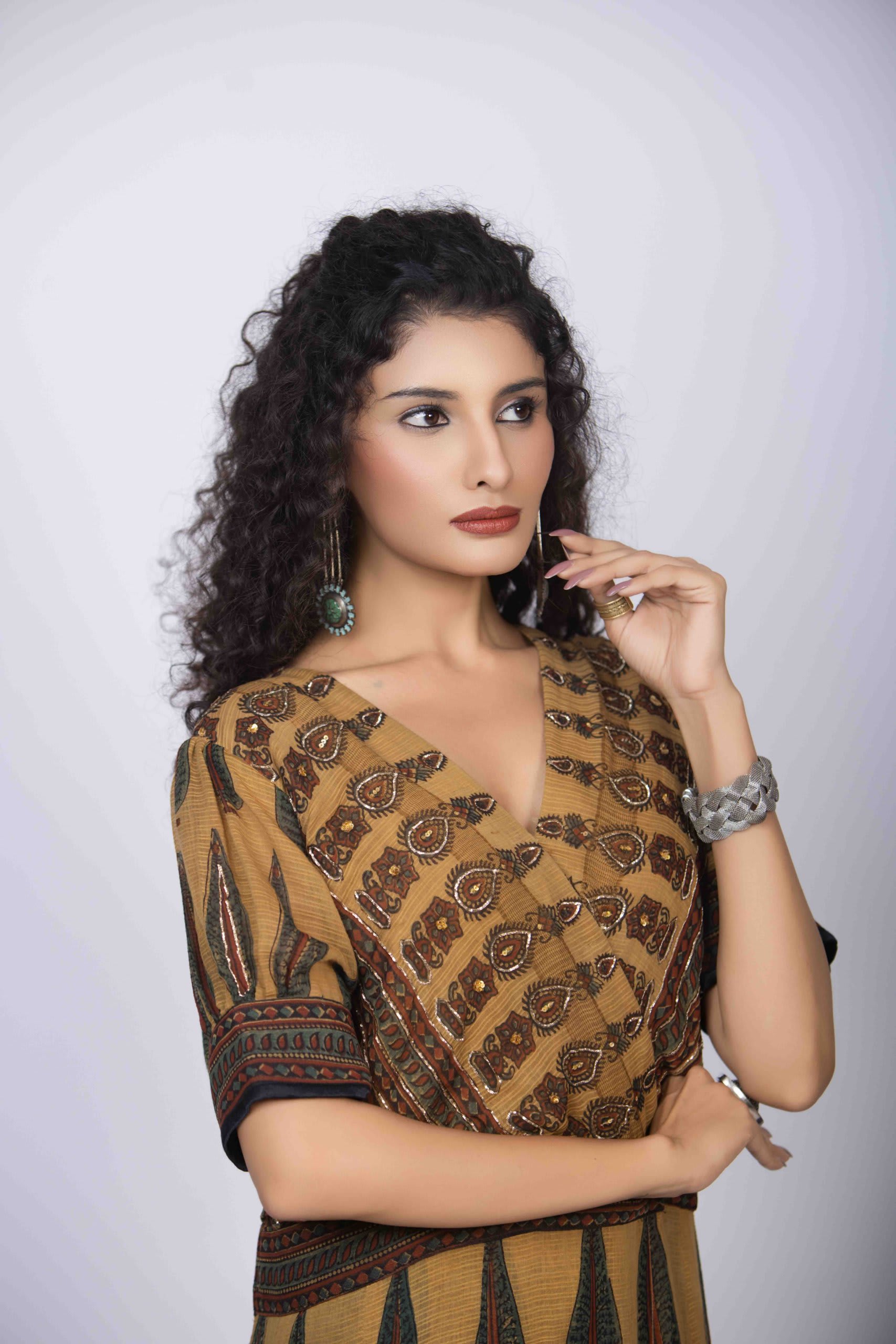 Mustard Yellow Angrakha Kurta Set with Ajrakh Print & Intricate Pita Work