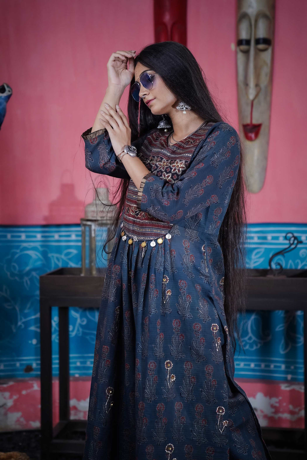 Ajrak Kurti Set in Deep Blue with Intricate Embroidery & Motifs