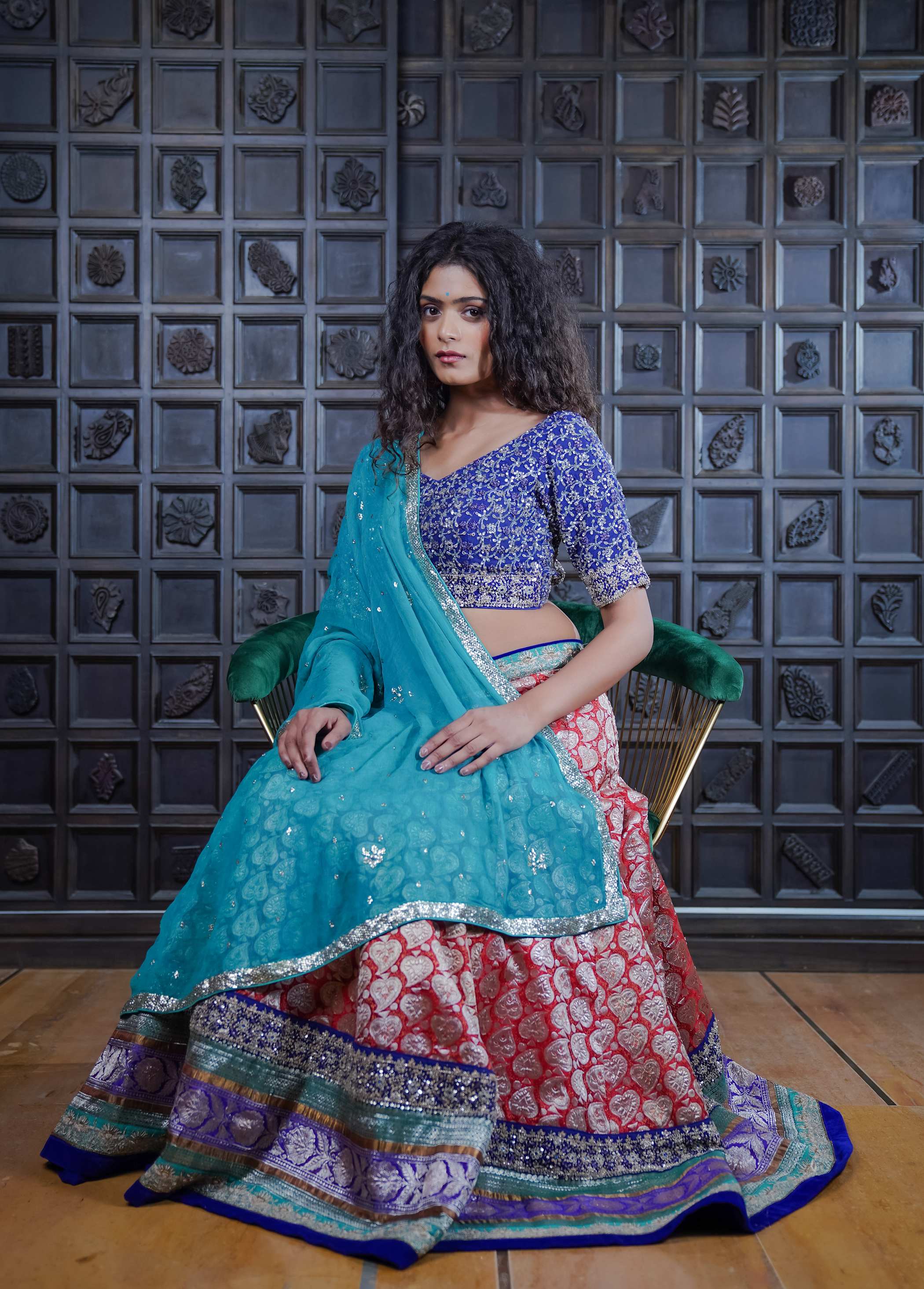 Red Ajrak Lehenga with Floral Embroidery & Multicolored Motifs