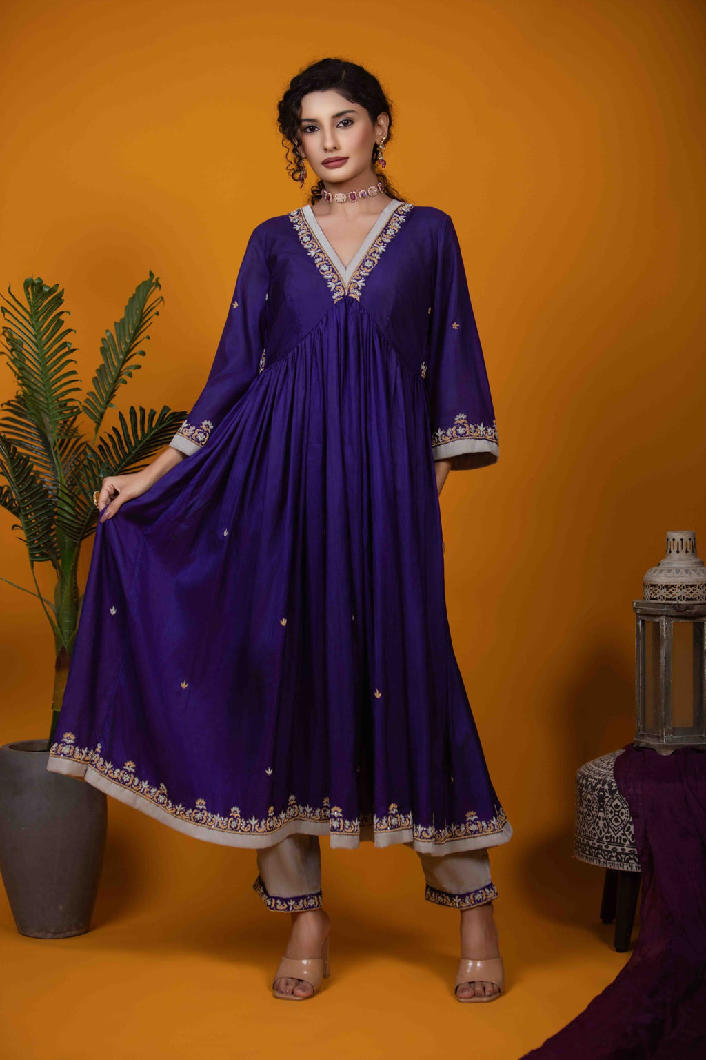 Violet Silk Kurti Set with Zardozi Embroidery & Bell Sleeves