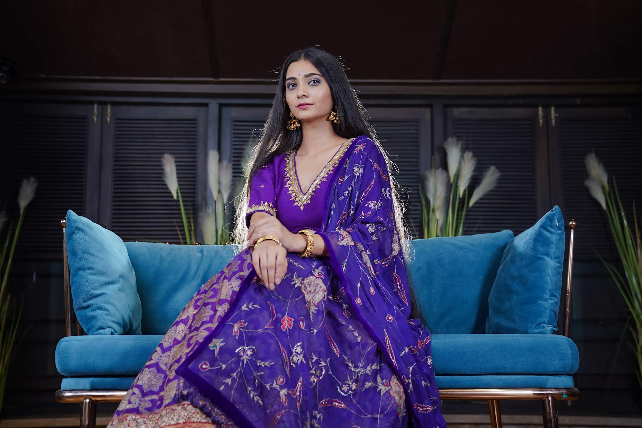 Royal Purple Ajrak Lehenga with Lavish Floral Embroidery