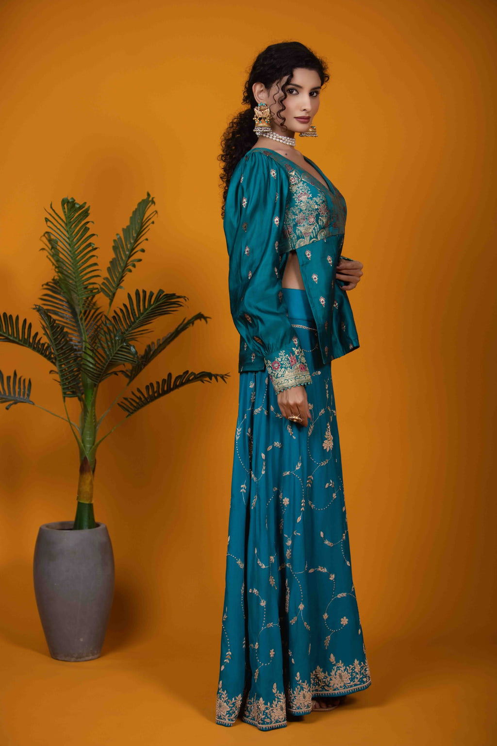 Rama Green Peplum Top & Flare Palazzo Set - Luxurious Silk & Embroidery