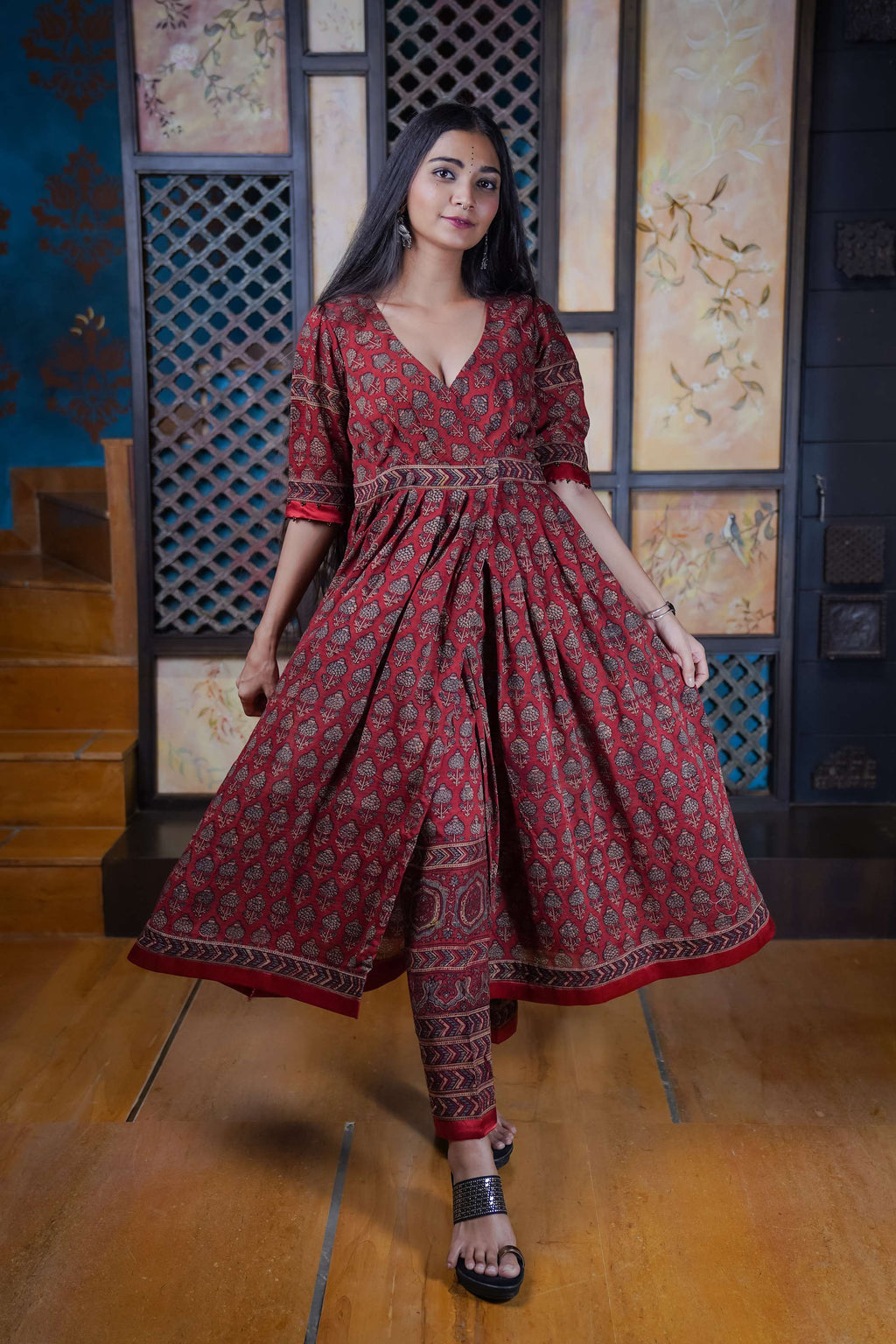 Red Ajrak Kurti Set with Intricate Motifs and Bow Detail