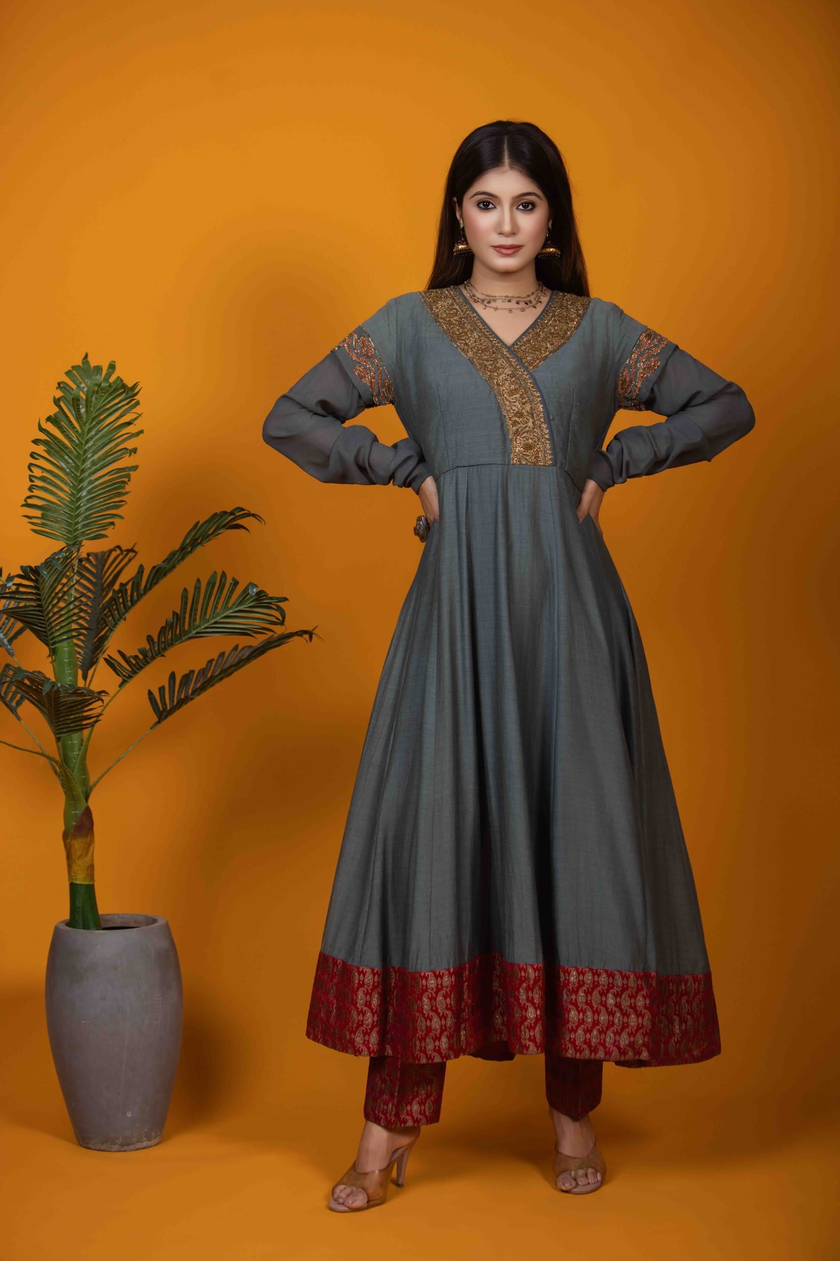 Grey Silk Anarkali Dress with Khat Work & Red Banarasi Border