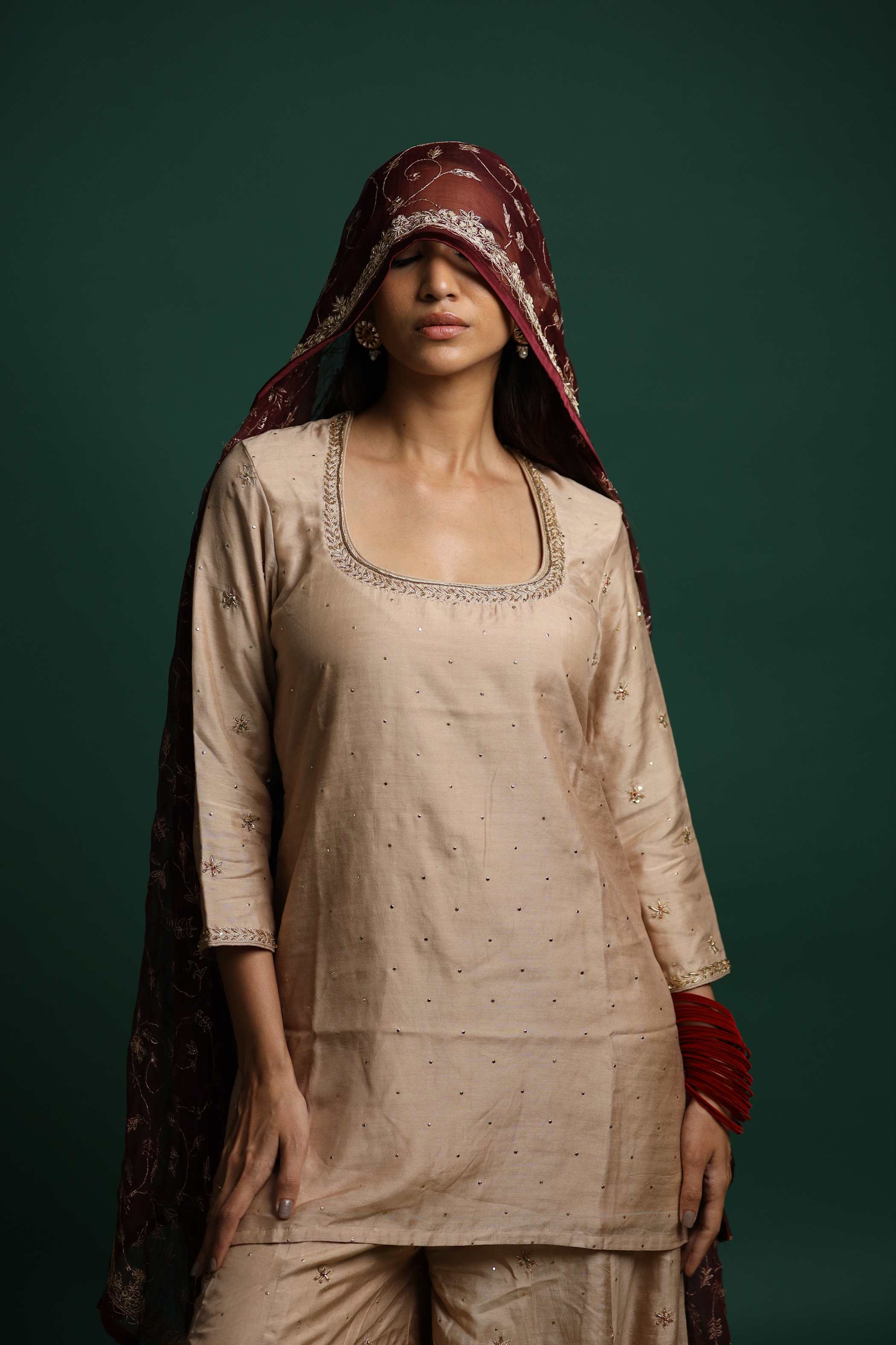 Beige Jardosh Kurti Set with Embroidery and Shimmering Accents