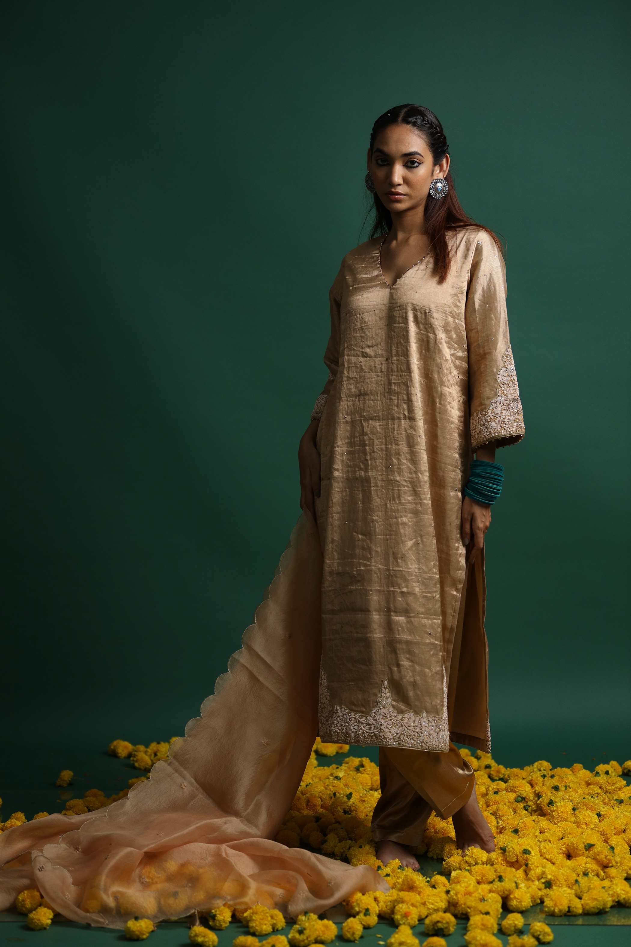 Metallic Kurti Set with Intricate Embroidery & Scalloped Dupatta