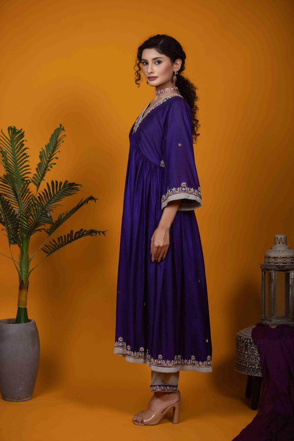 Violet Silk Kurti Set with Zardozi Embroidery & Bell Sleeves