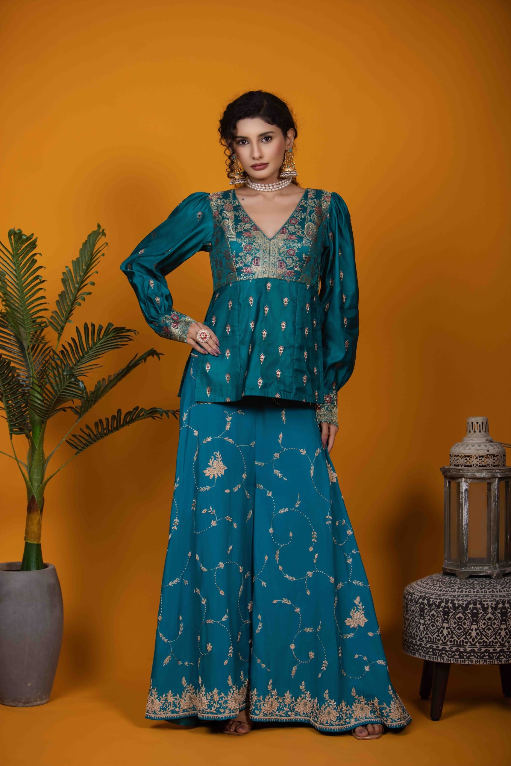 Rama Green Peplum Top & Flare Palazzo Set - Luxurious Silk & Embroidery