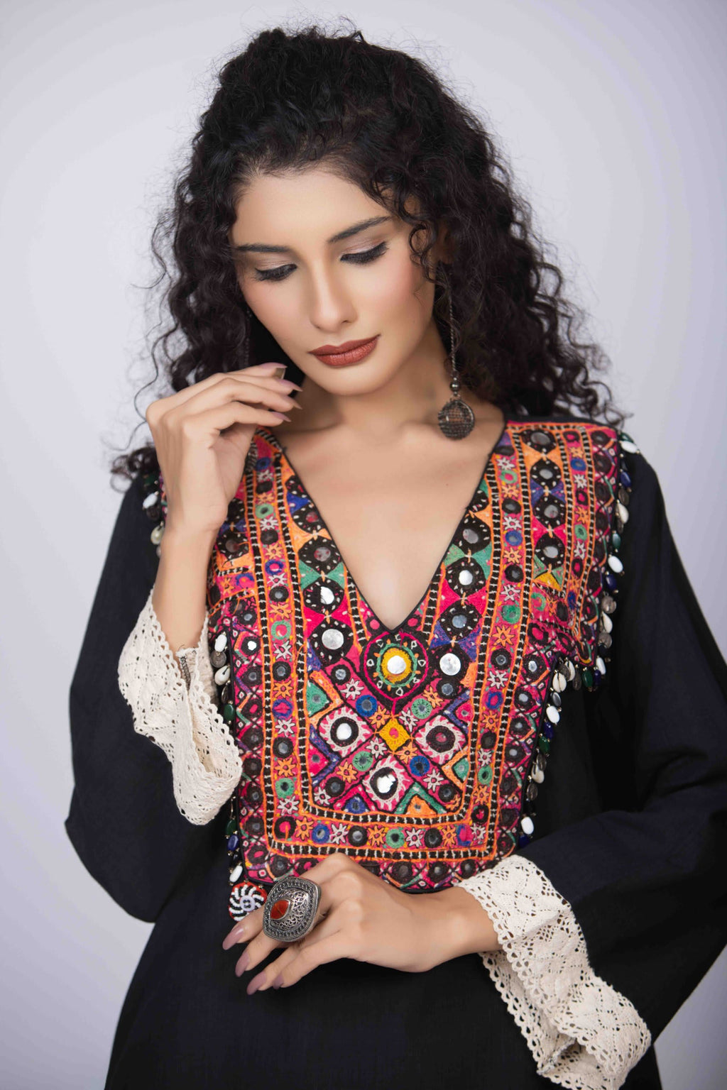 Black Short Kurta with Vibrant Kutchi Handwork and Drape Dhoti
