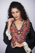 Black Short Kurta with Vibrant Kutchi Handwork and Drape Dhoti