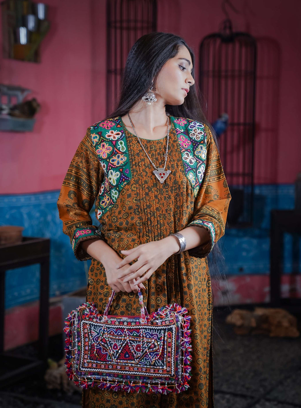 Rust Ajrak Kurti Set with Embroidered Floral Yoke and Flowing Fit