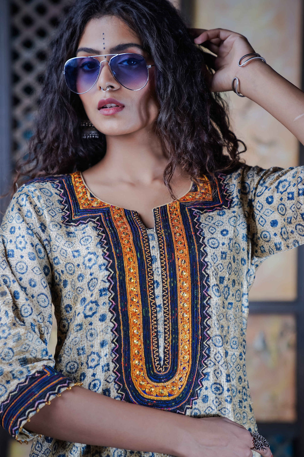 Ajrak Kurti Set in Blue & Ivory with Embroidered Neckline