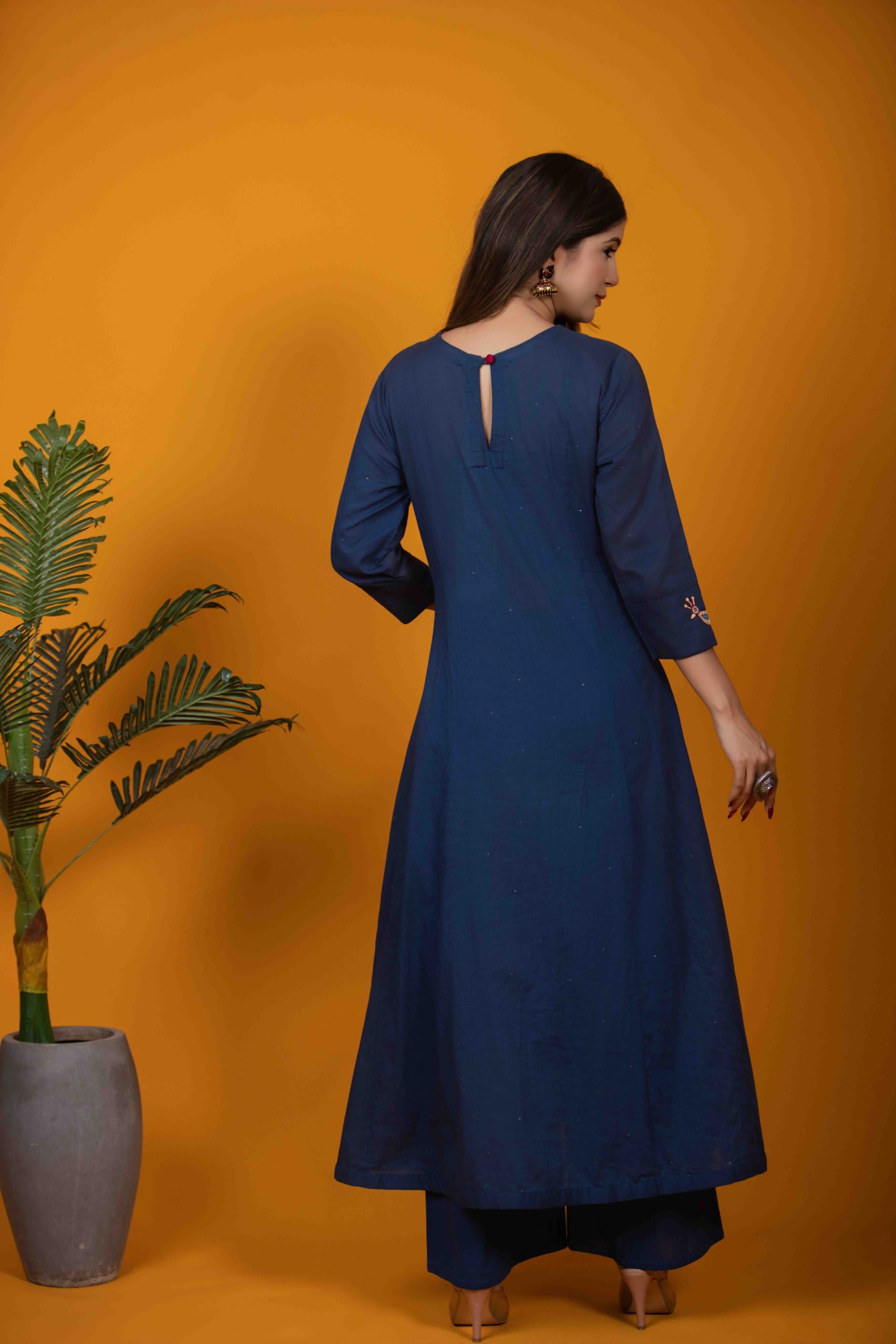 Navy Blue Kurta Set with Hand Embroidery & Bird Motifs
