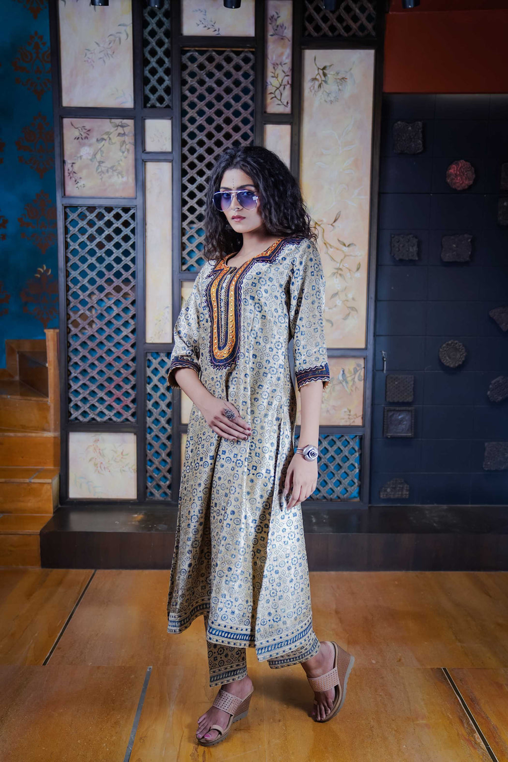 Ajrak Kurti Set in Blue & Ivory with Embroidered Neckline
