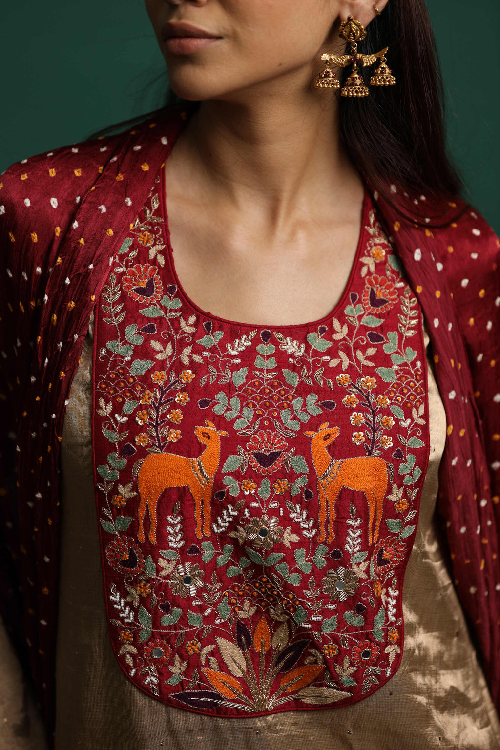 Golden Kurti Set with Maroon Embroidery & Wildlife Motifs