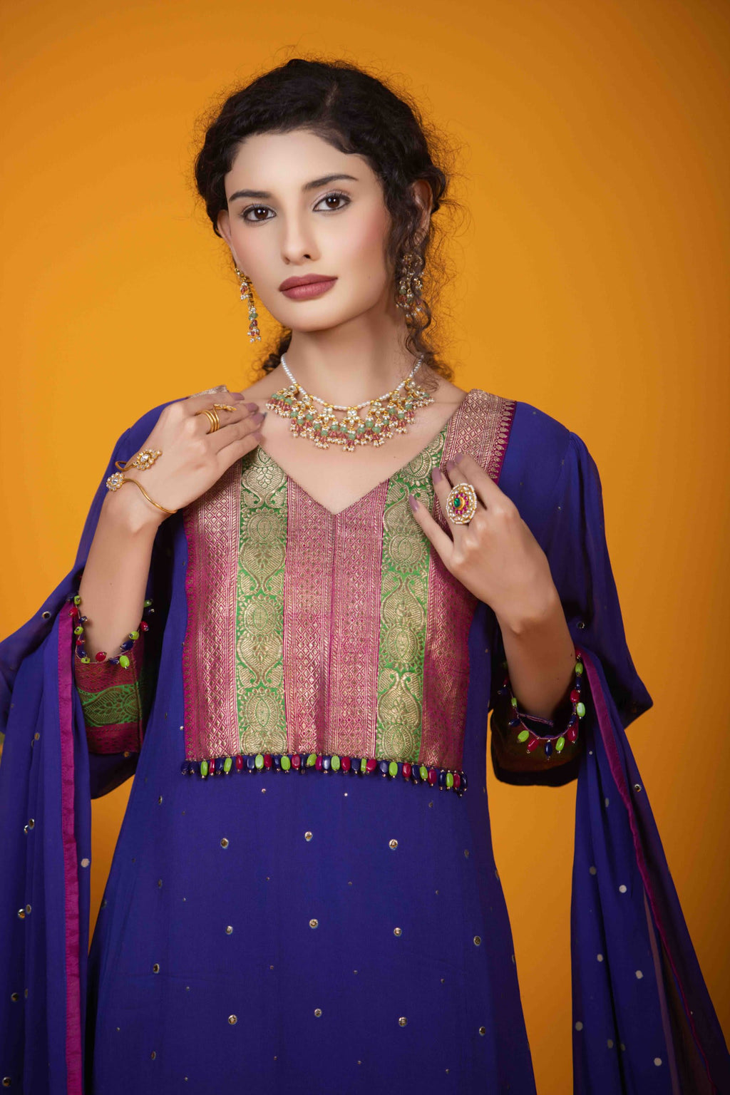 Deep Purple Kurta Set with Mukaish Work & Banarasi Yoke