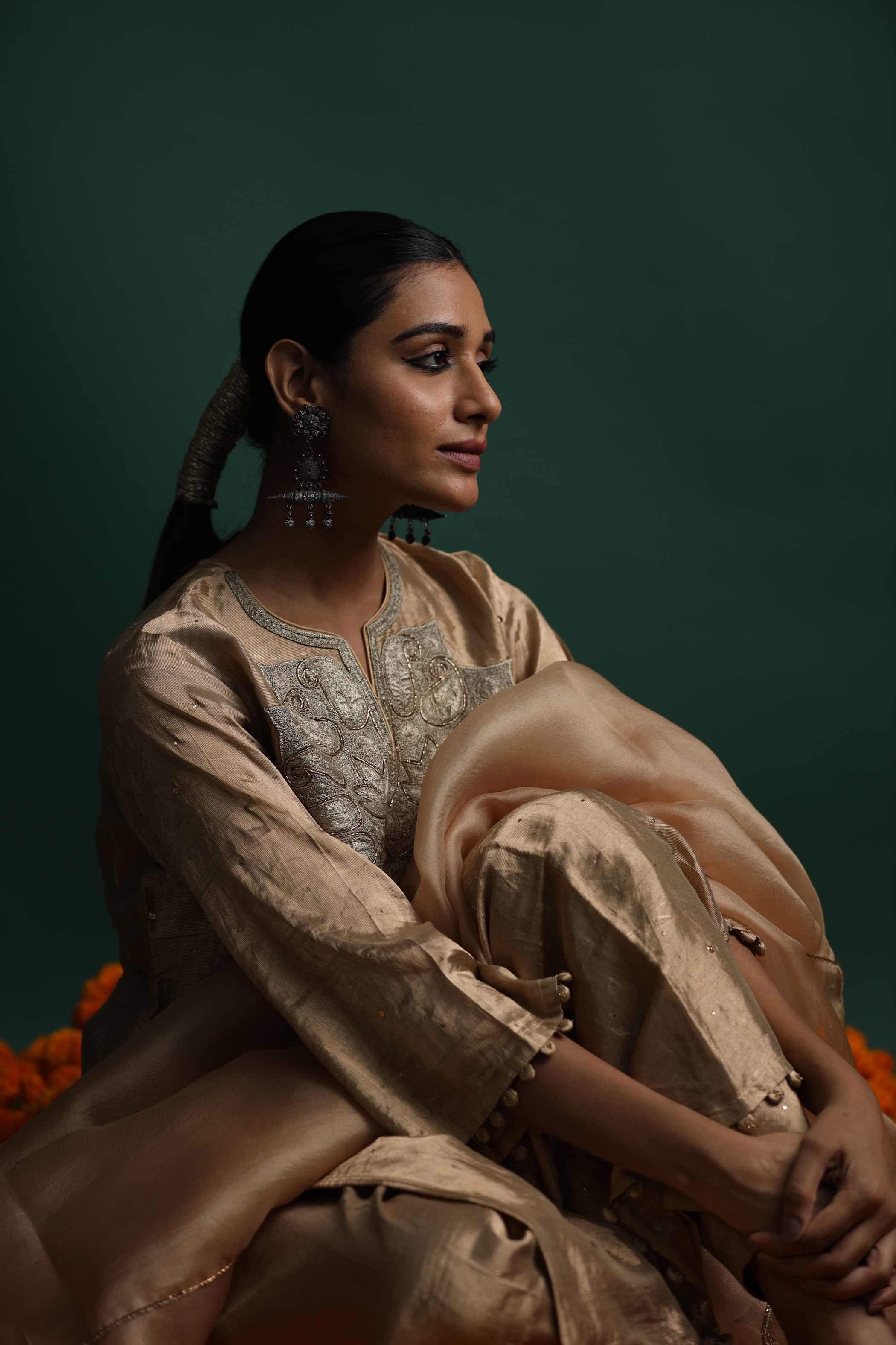 Gold Zardosi Kurti Set with Embroidered Neckline & Scalloped Dupatta