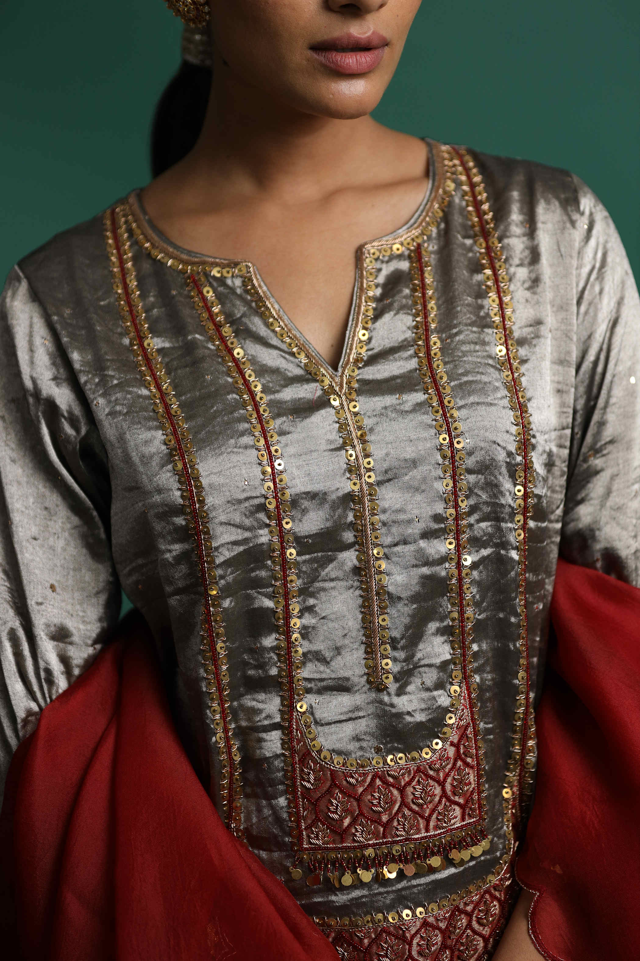 Red Kurti Set with Gold Sequin Detailing and Elegant Embroidery