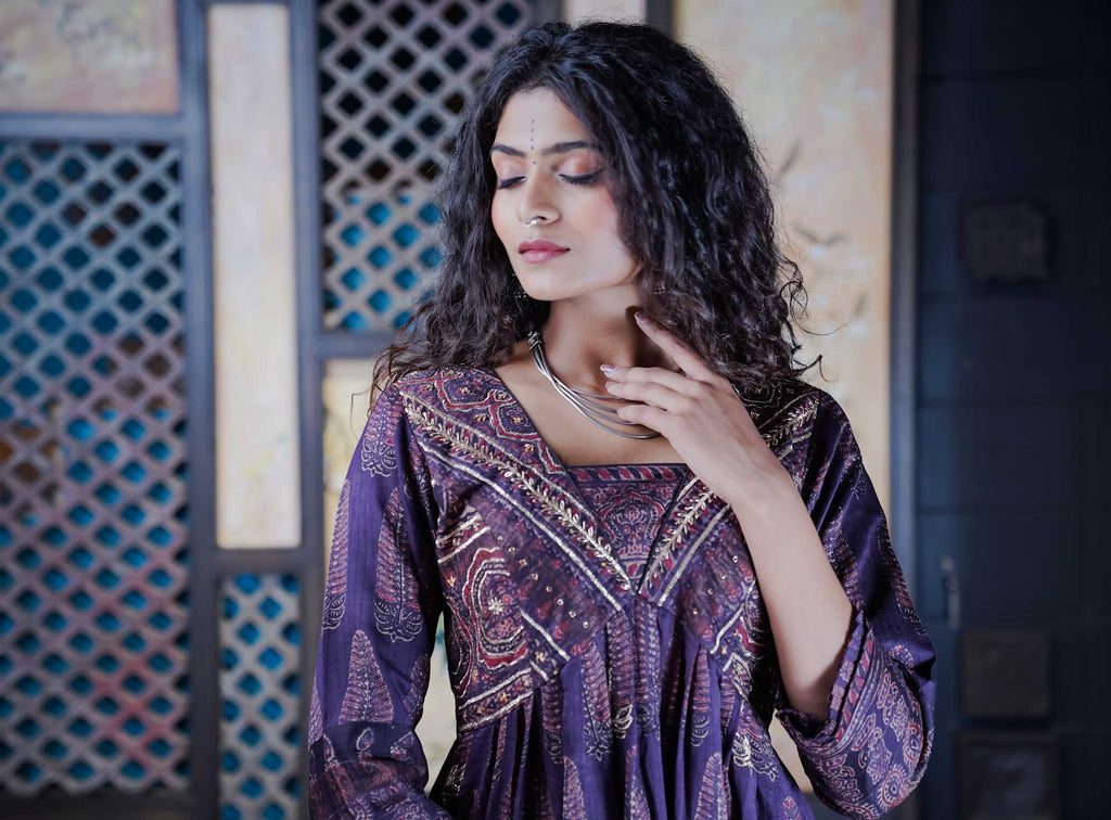 Indigo Ajrak Kurti Set with Intricate Motifs and Gold Detailing