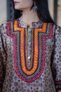Ajrak Kurti Set in Earth Tones with Embroidery and Buttoned Neckline