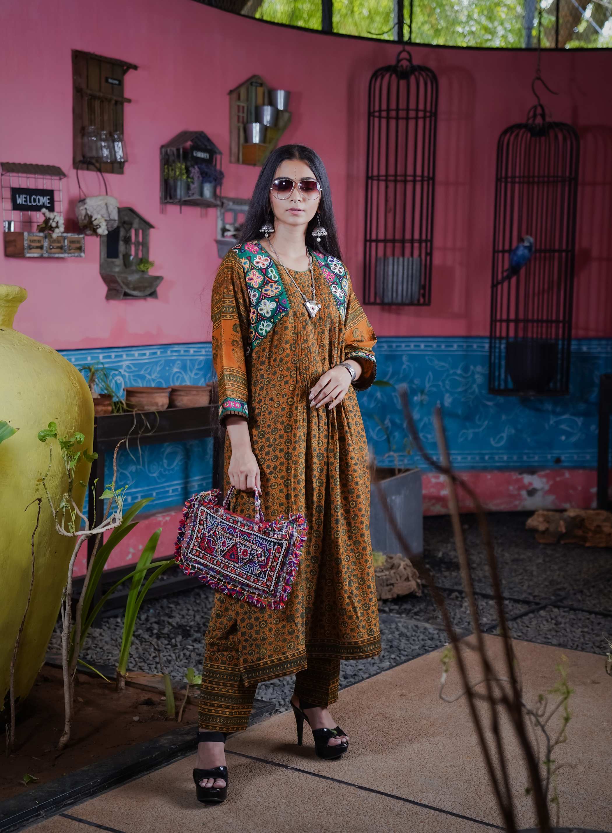 Rust Ajrak Kurti Set with Embroidered Floral Yoke and Flowing Fit