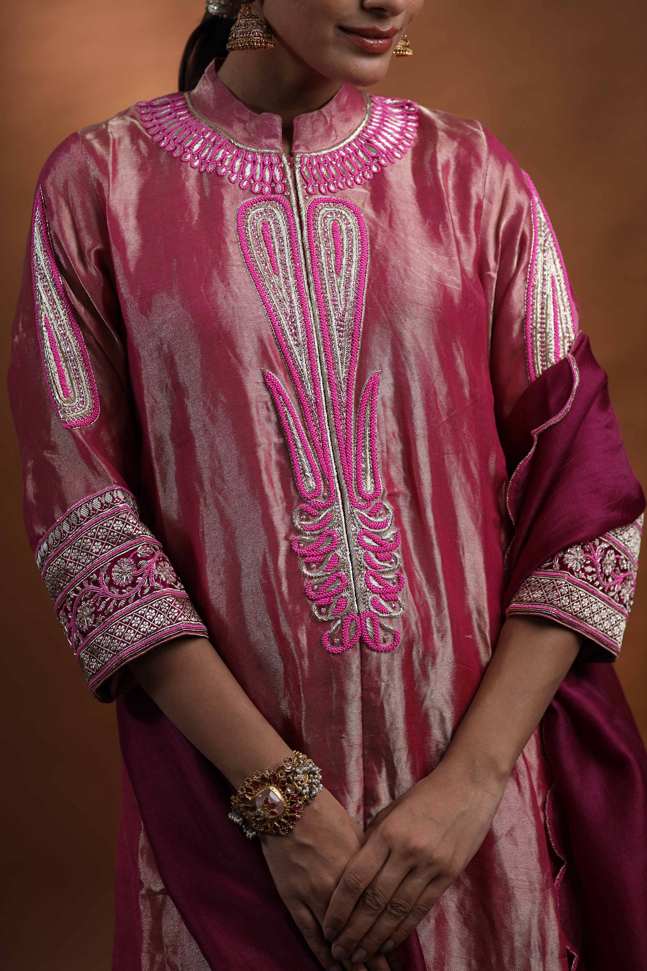 Magenta Pink Kurti Set with Zari Embroidery & Scalloped Churidar