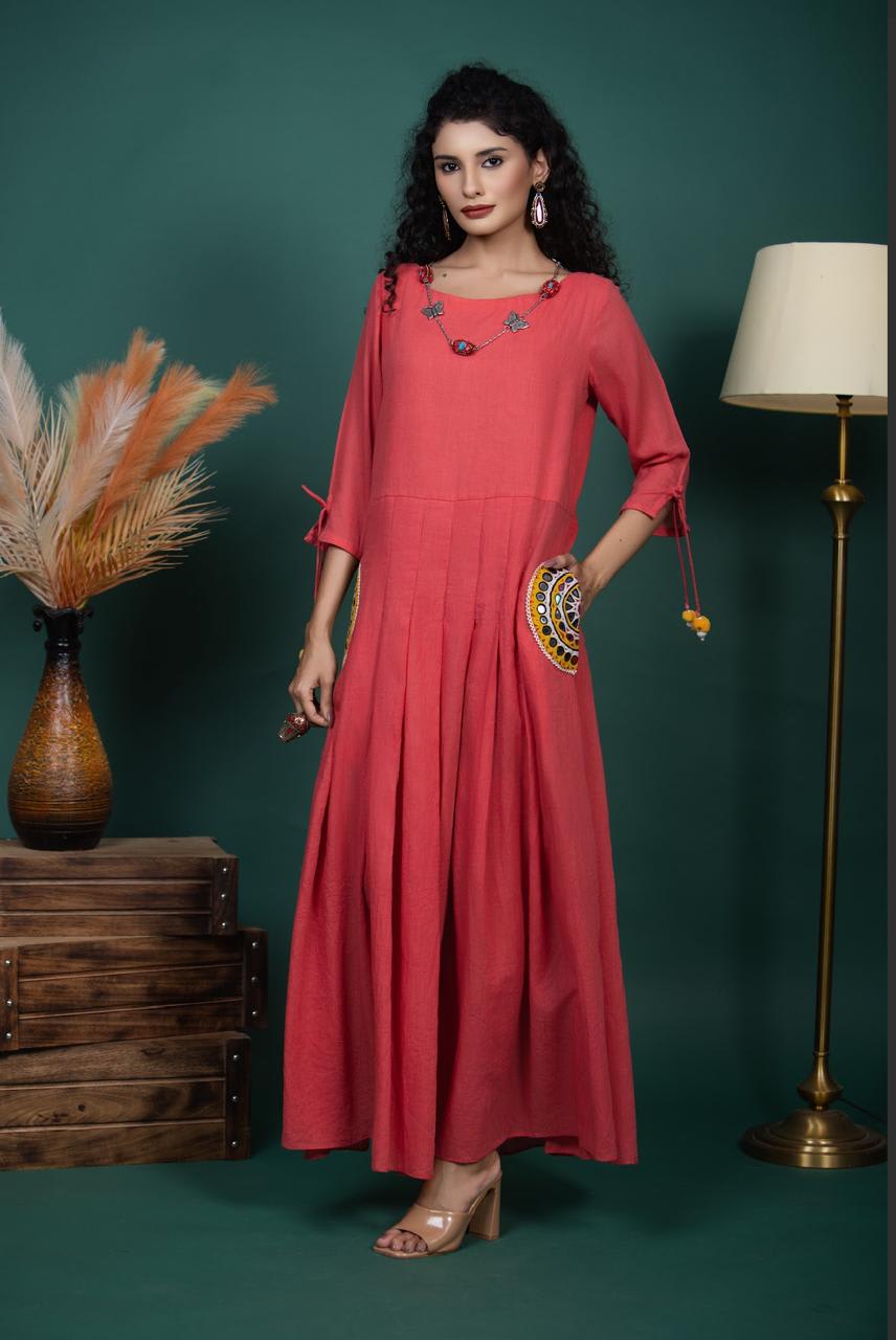 Soft Pink Cotton Kurti Set with Hand-Embroidered Pockets