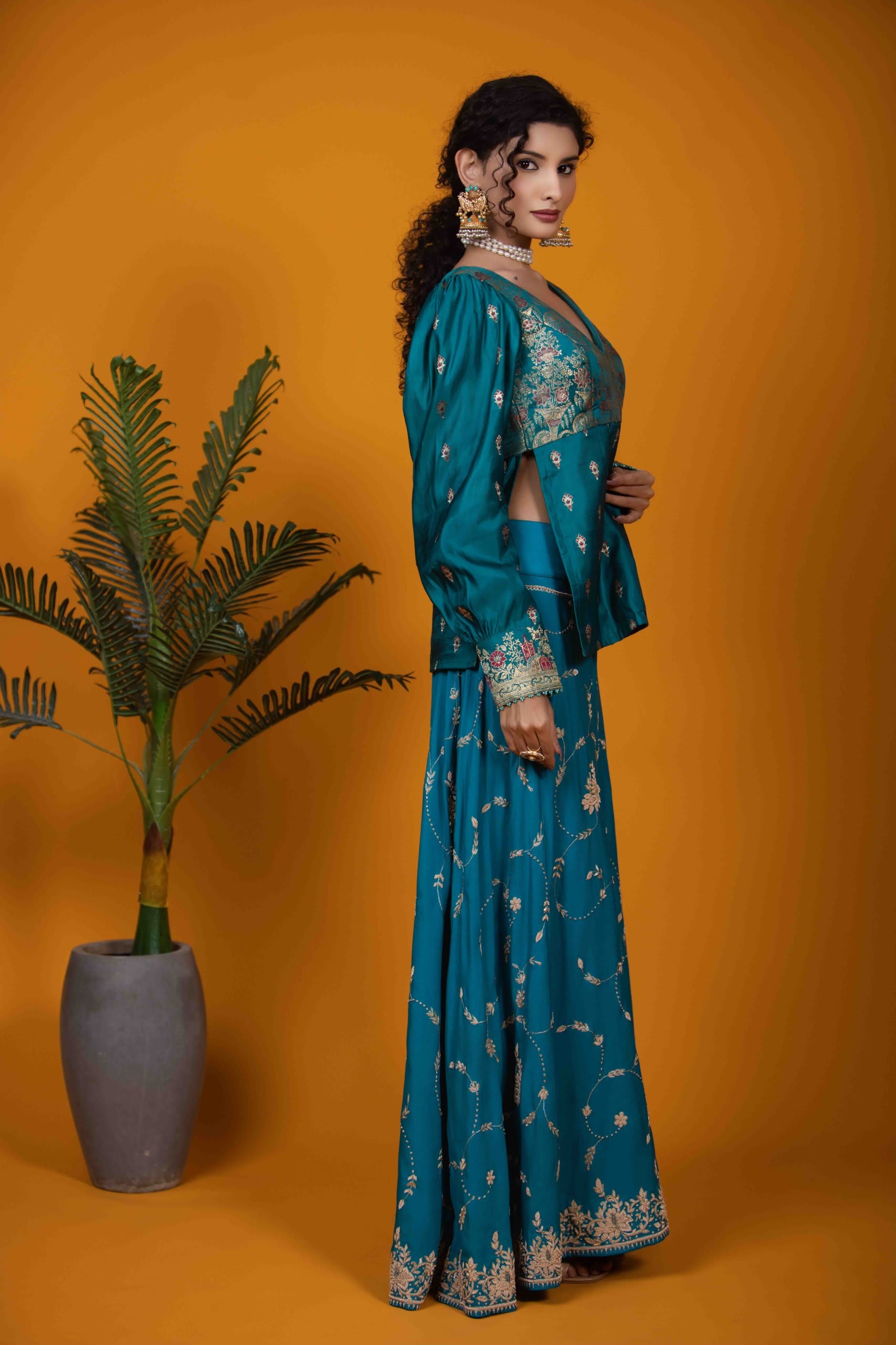 Rama Green Peplum Top & Flare Palazzo Set - Luxurious Silk & Embroidery