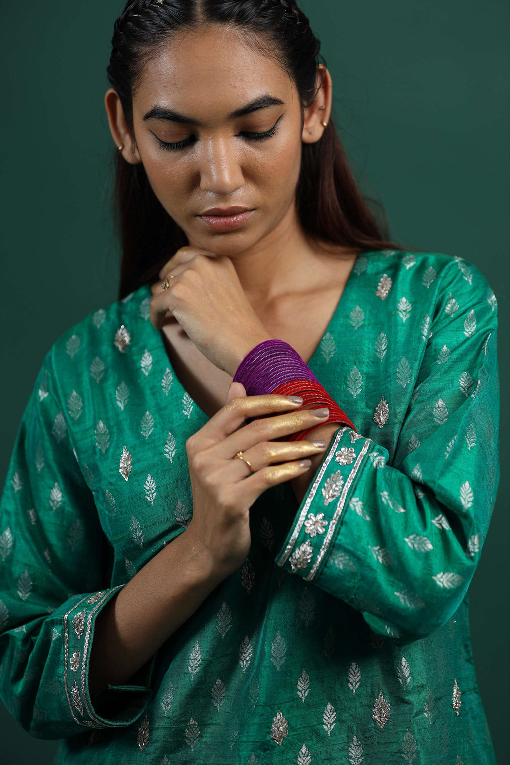 Emerald Green Kurti Set with Silver Leaf Motifs & Embroidered Cuffs