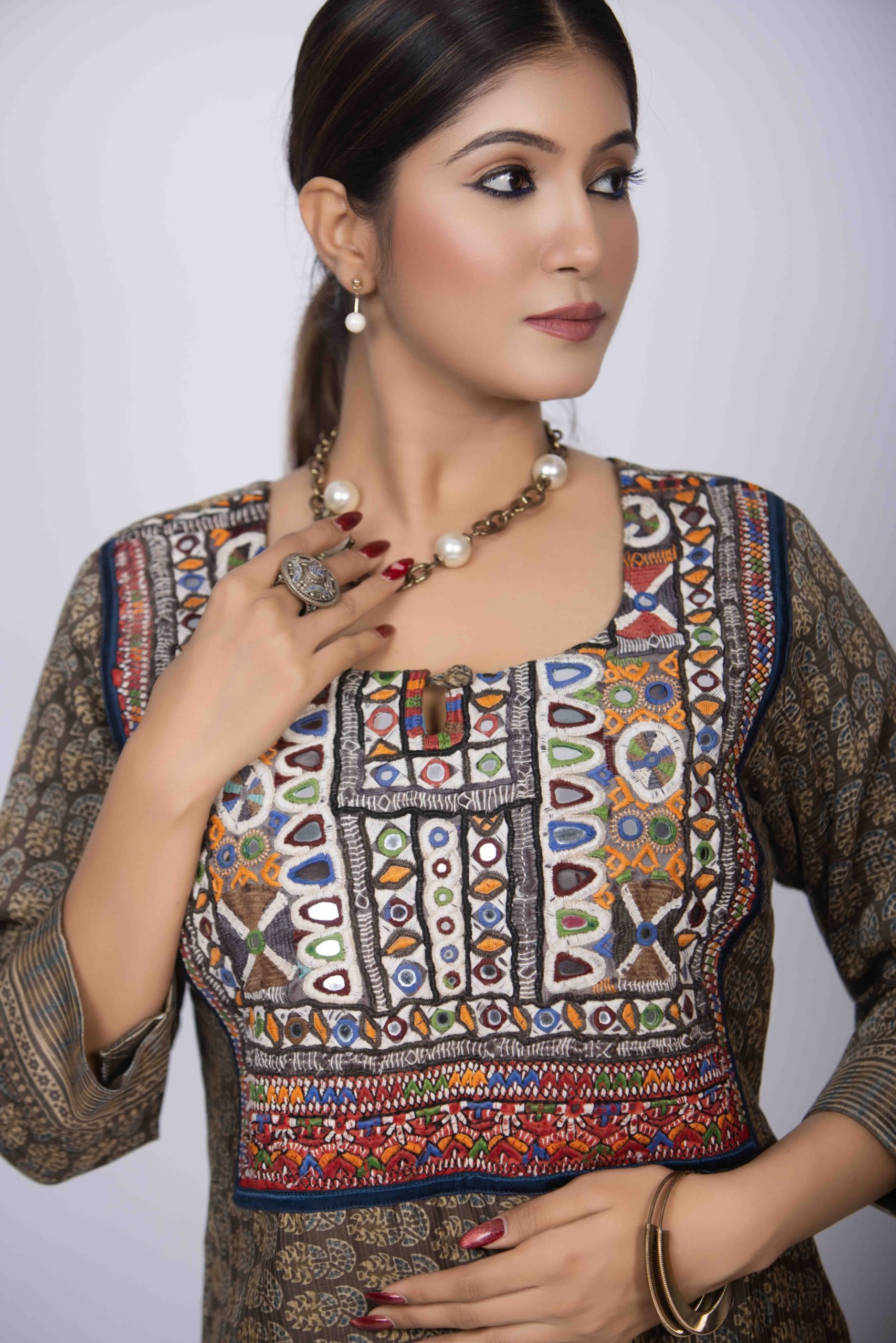 Dusty Green Kurta Set with Ajrakh Block Print & Embroidered Yoke