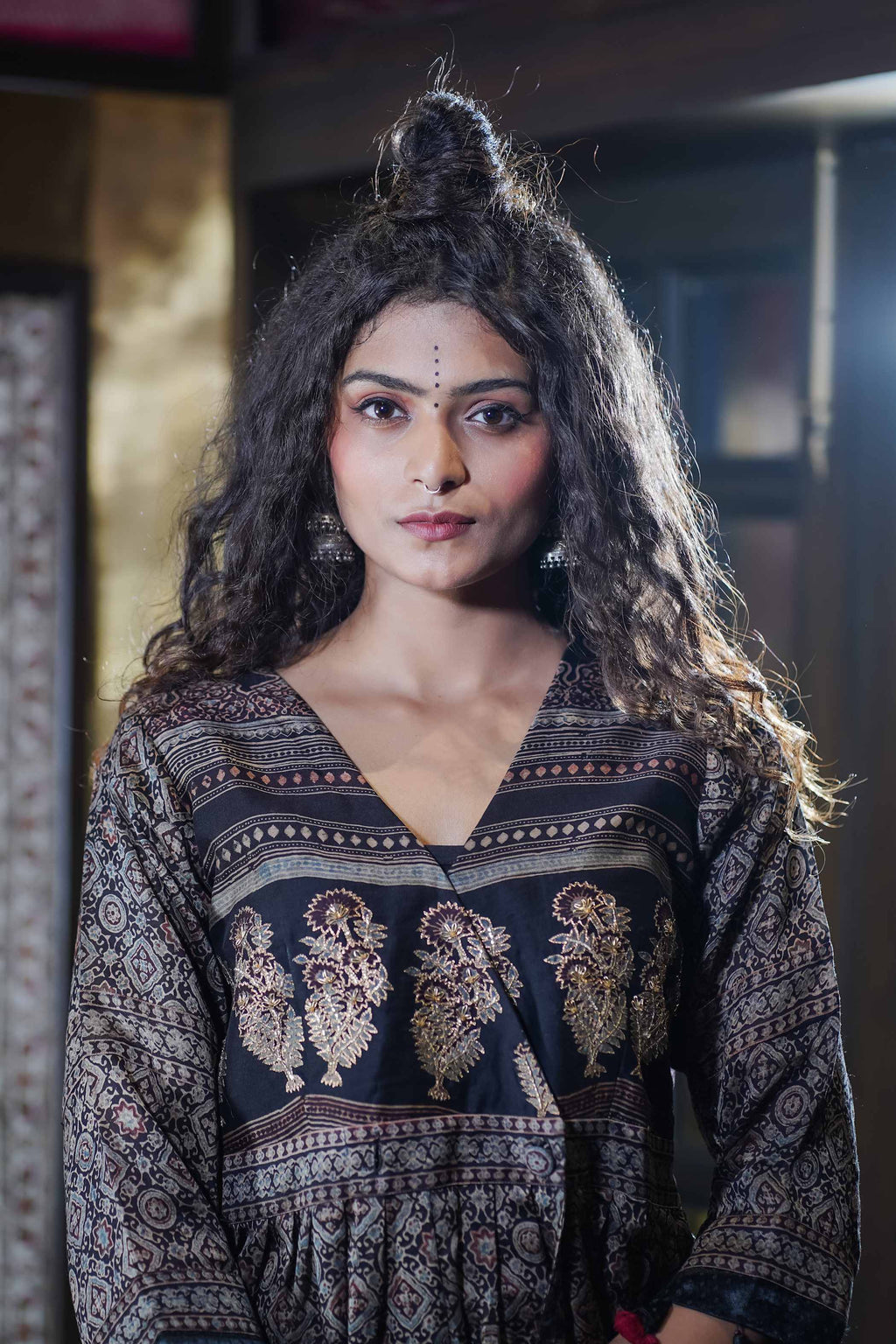 Ajrak Kurti Set with Paisley Print and Gold Detailing