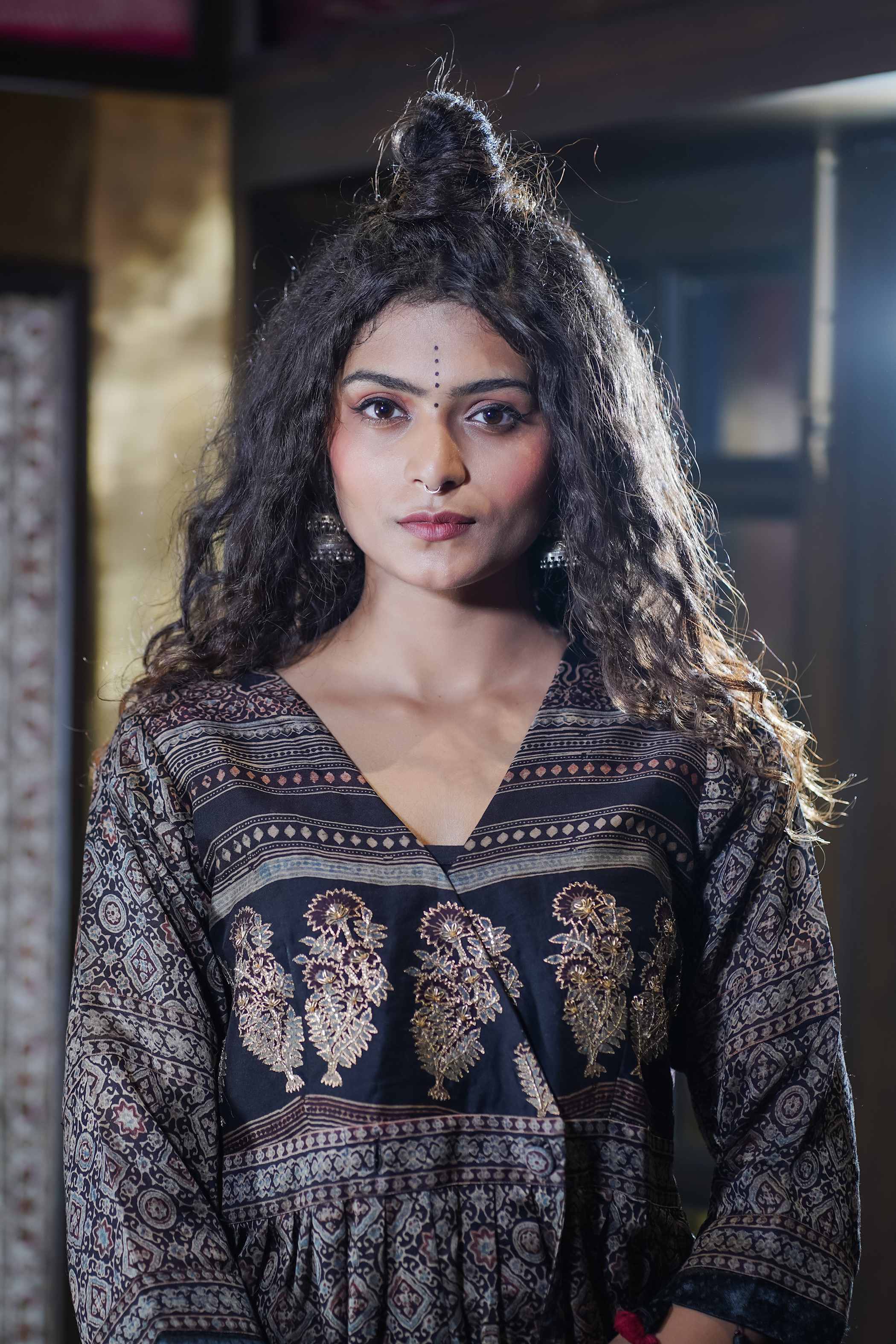 Ajrak Kurti Set with Paisley Print and Gold Detailing