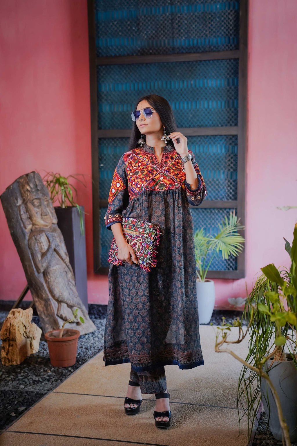 Ajrak Kurti Set in Deep Blue & Maroon with Embroidery & Geometric Print