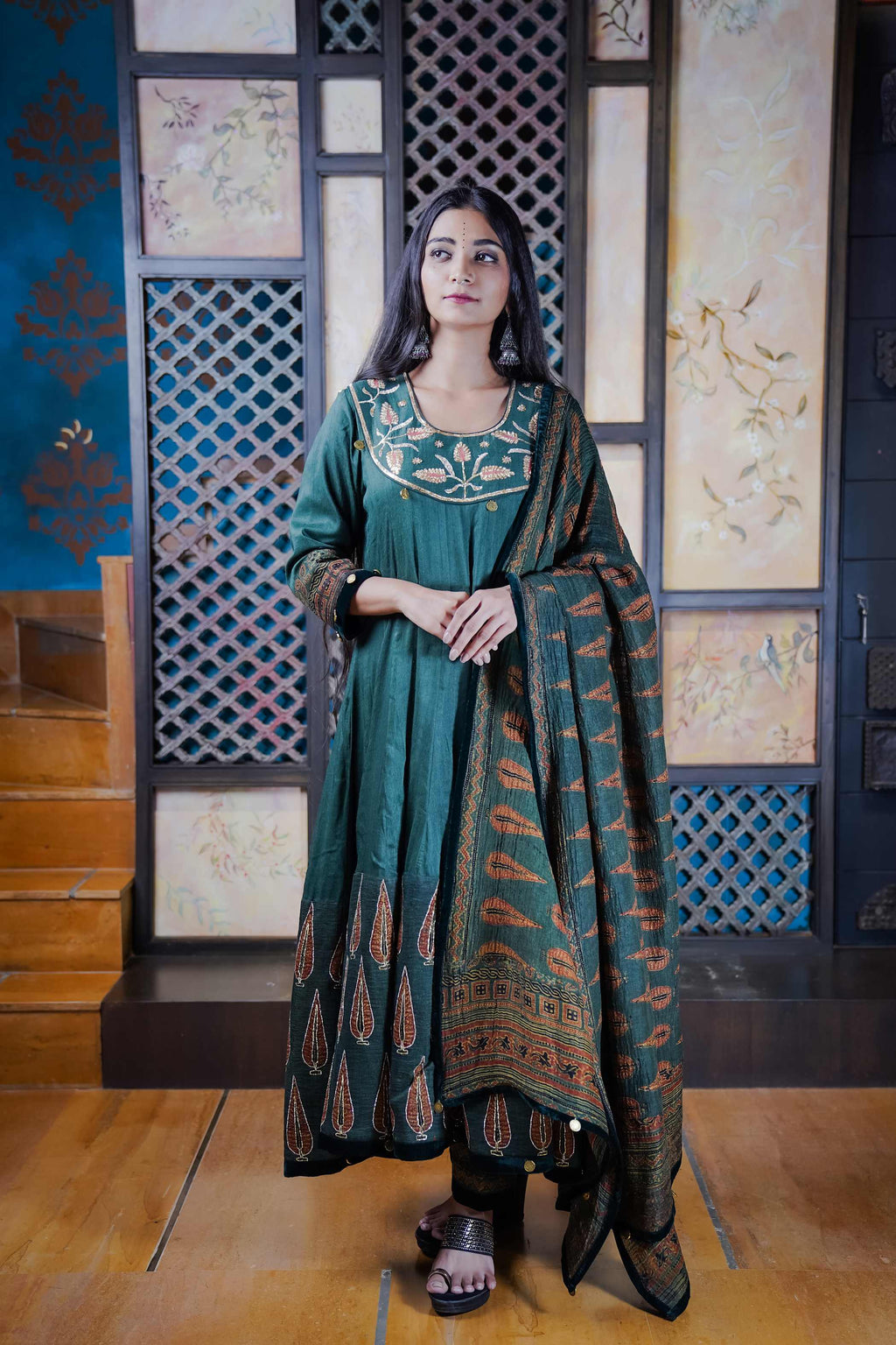 Emerald Green Ajrak Kurti Set with Floral Embroidery and Leaf Motifs