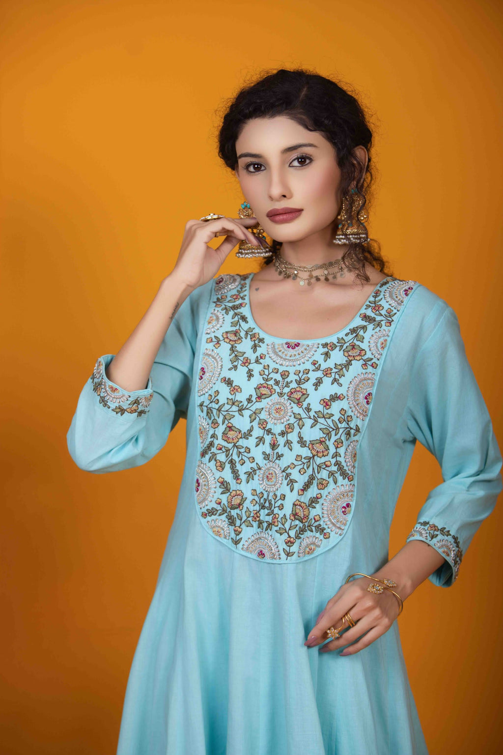 Sky Blue Kurta Set with Aari & Thread Khat Embroidery