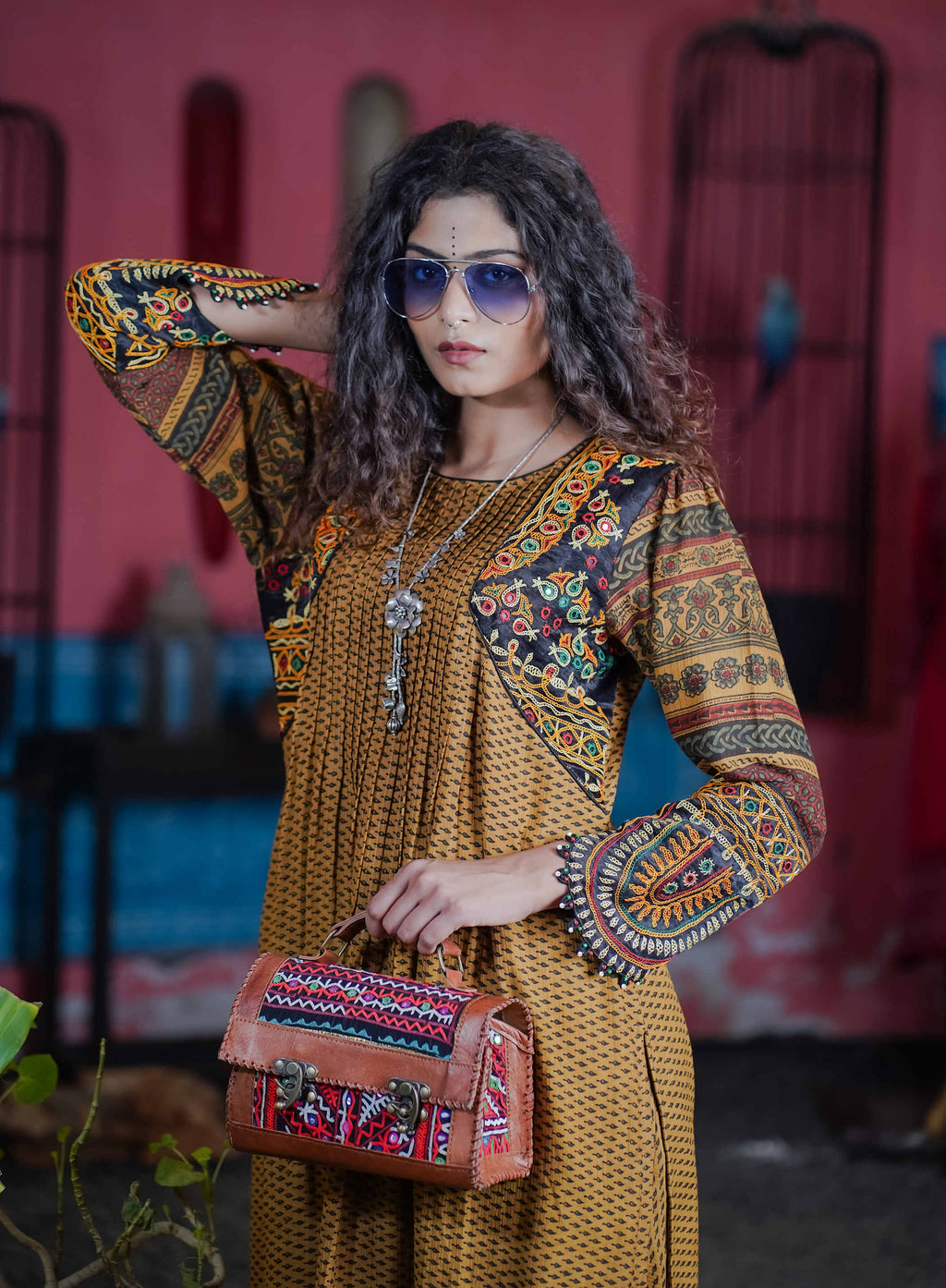 Mustard Kurti Set with Ajrak Patterns & Floral Embroidery