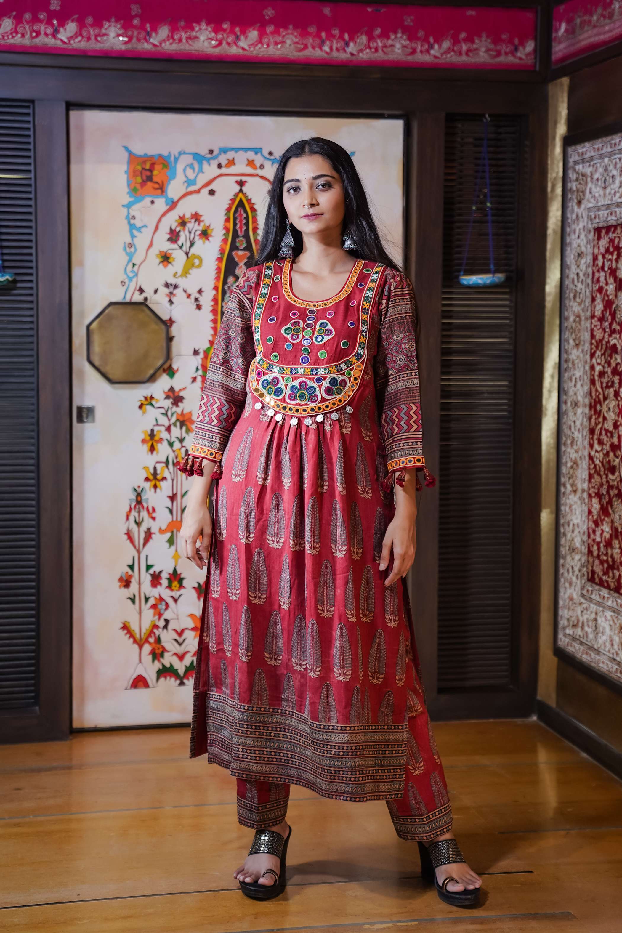 Red Kurti Set with Intricate Embroidery and Mirror Work