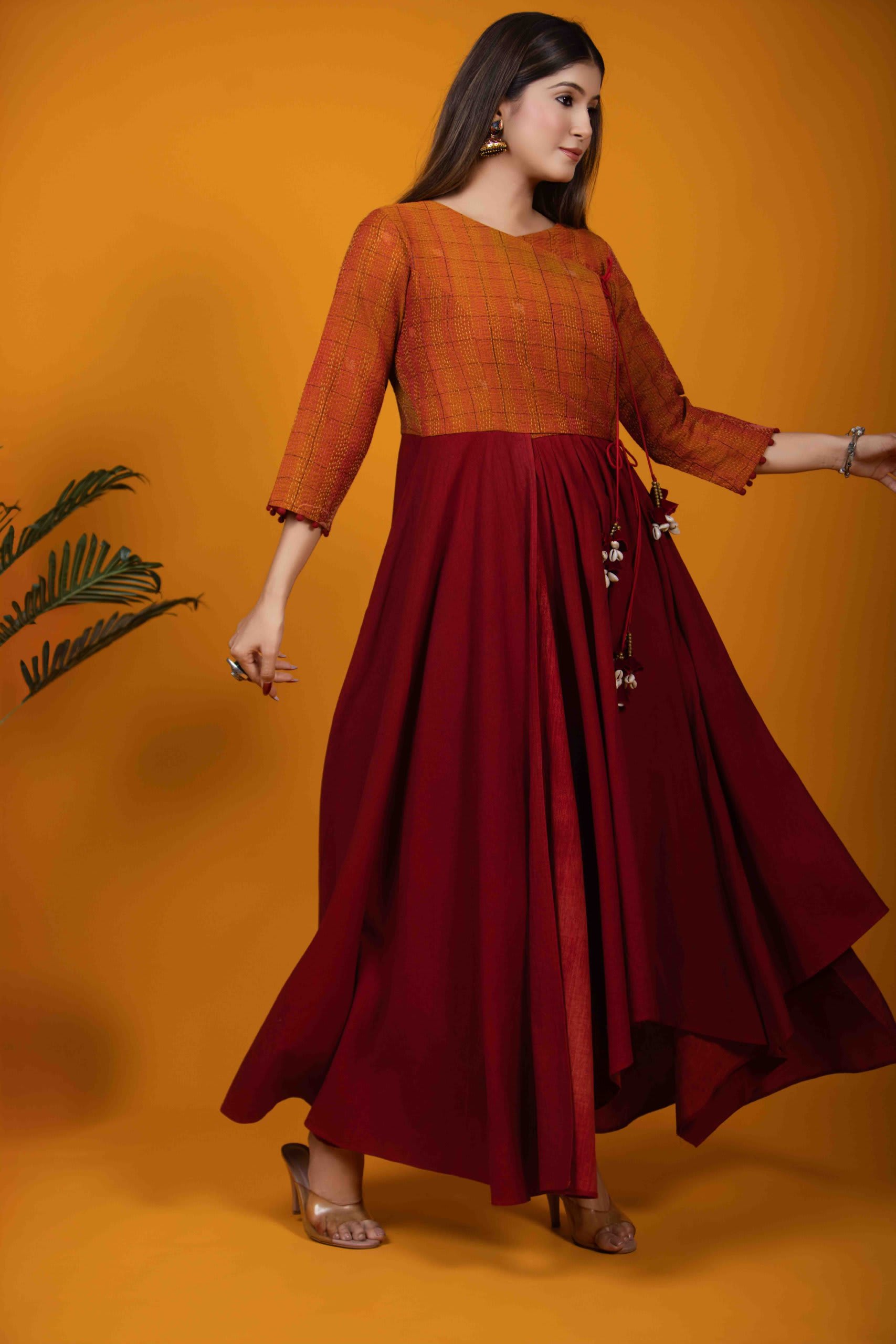 Maroon Angrakha Dress with Katha Embroidery and Cotton Fabric