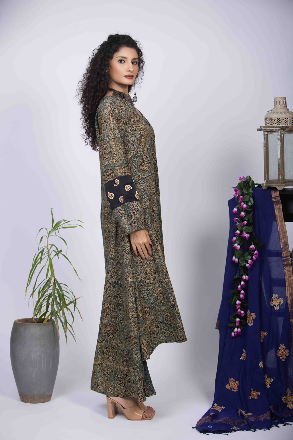 Dusty Green High-Low Dress with Ajrakh Block Print & Embroidered Sleeves
