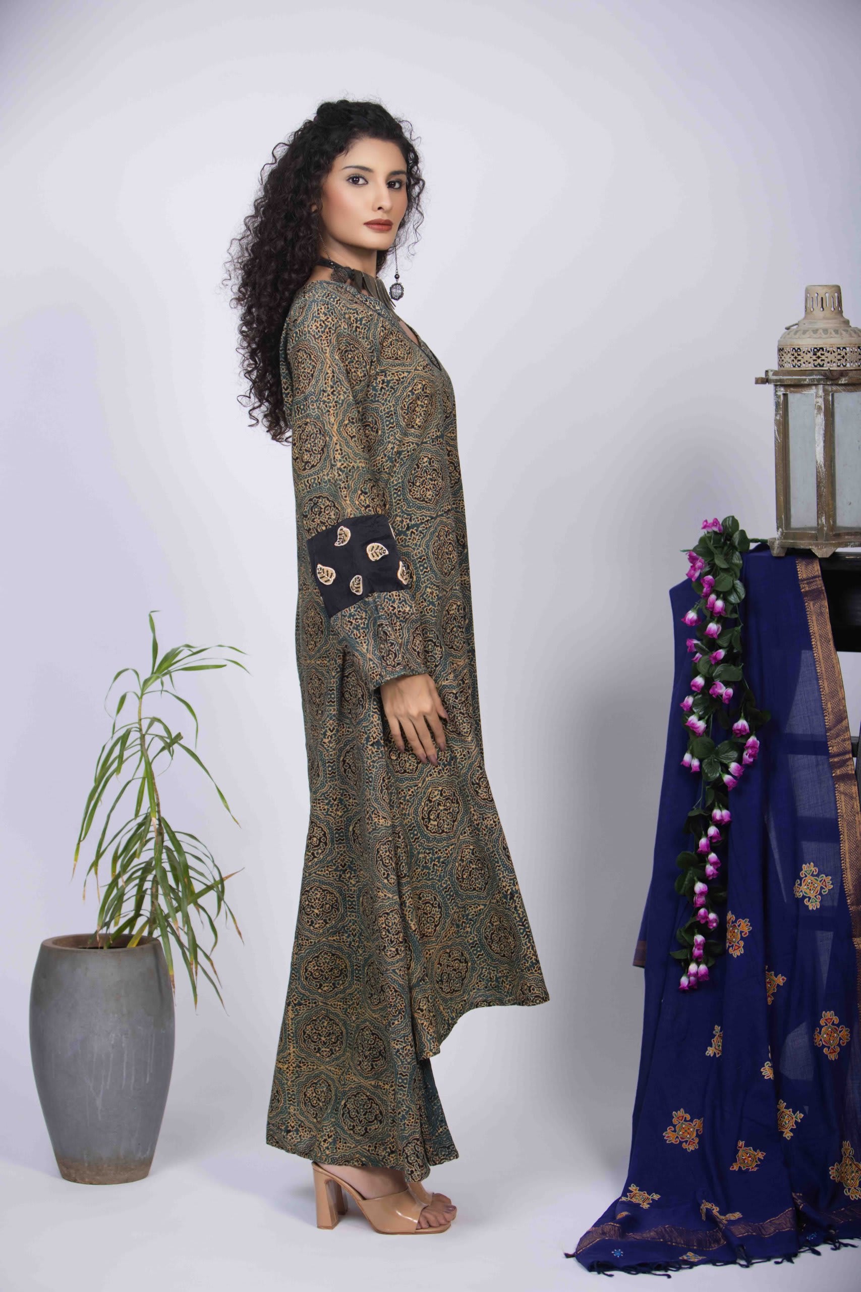 Dusty Green High-Low Dress with Ajrakh Block Print & Embroidered Sleeves
