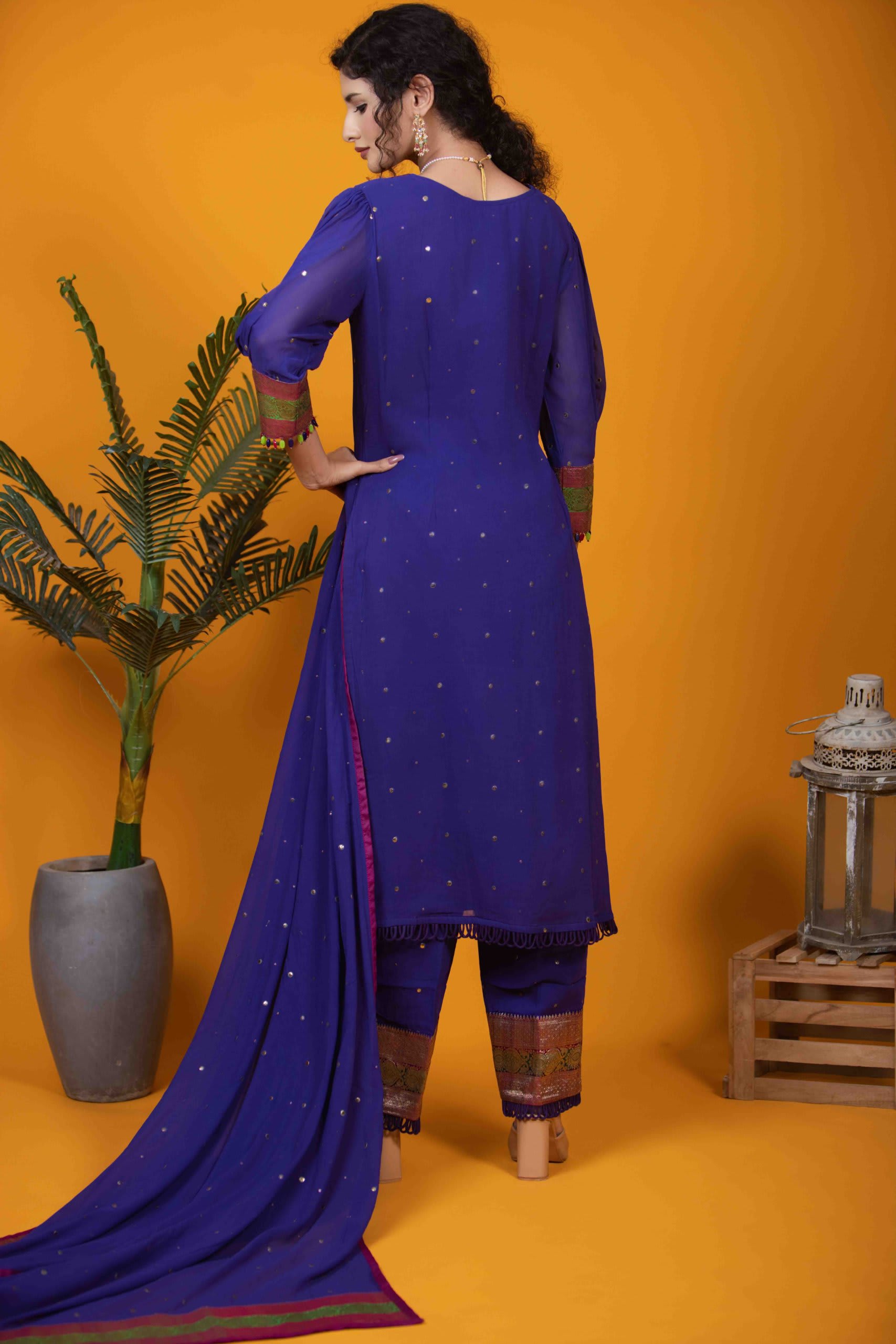 Deep Purple Kurta Set with Mukaish Work & Banarasi Yoke