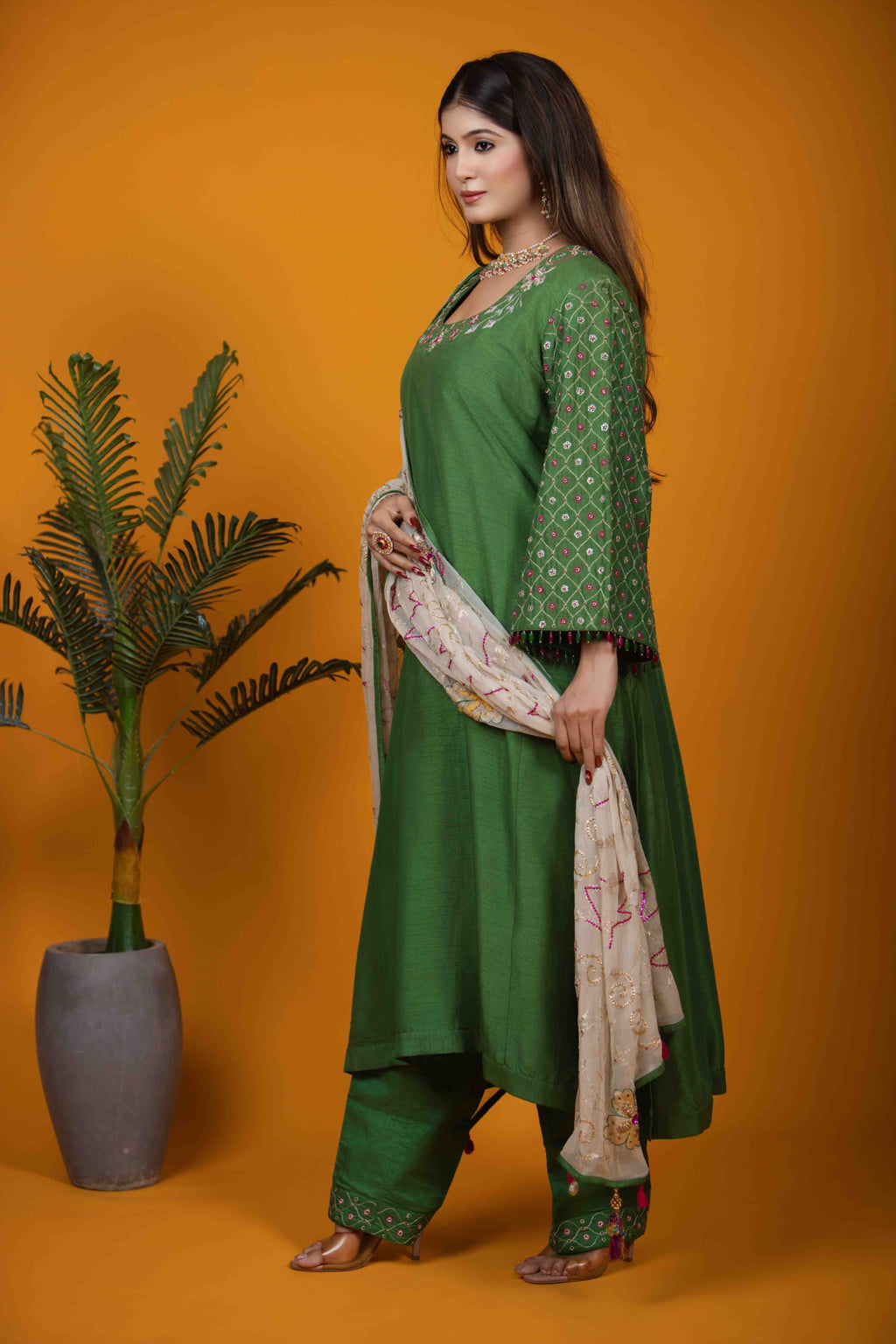 Green A-Line Kurta Set with Hand Embroidery & Floral Motifs