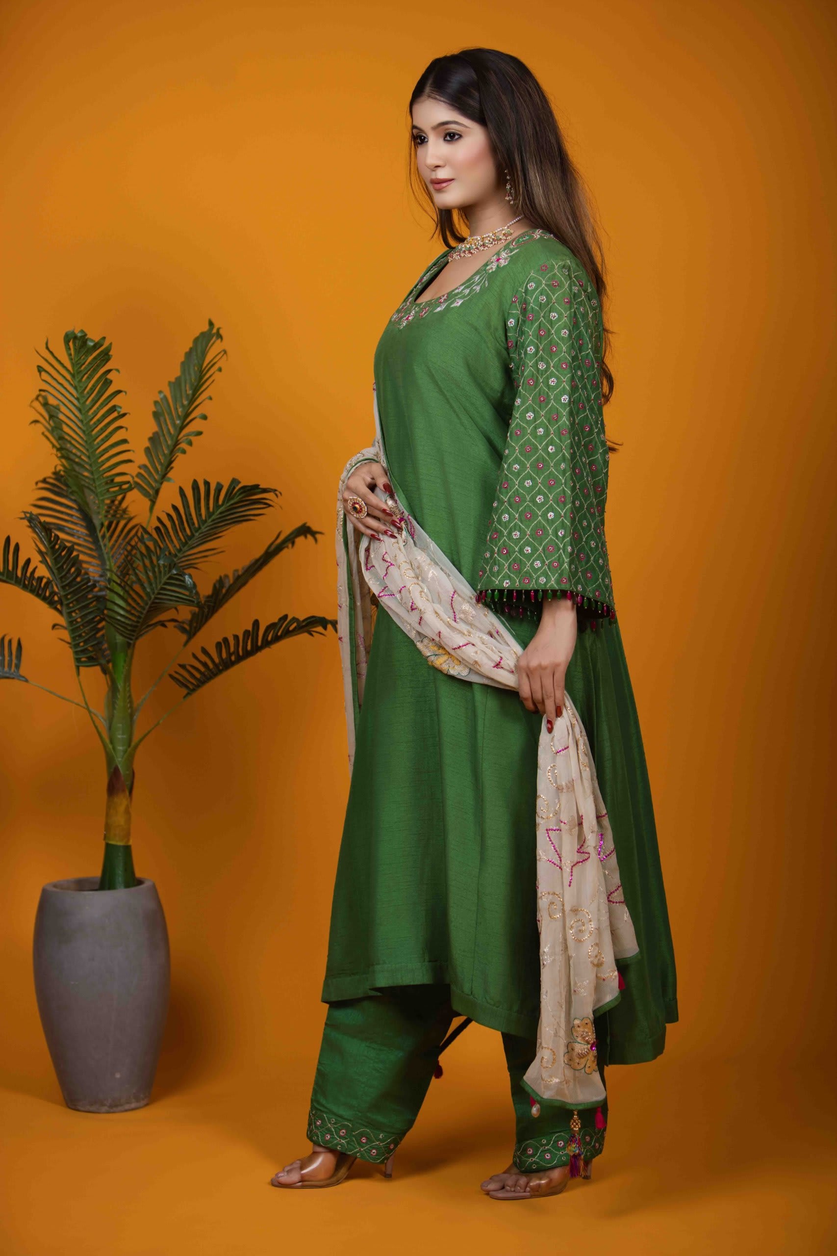 Green A-Line Kurta Set with Hand Embroidery & Floral Motifs