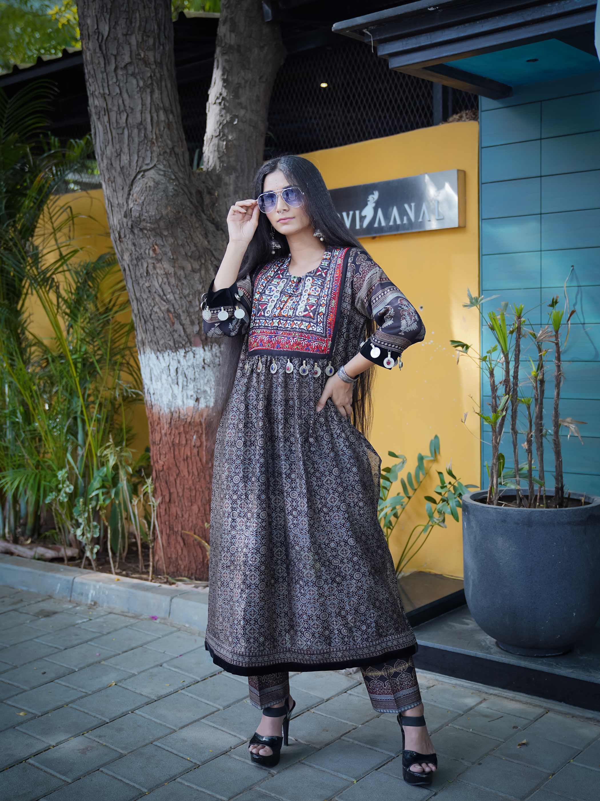 Ajrak Blue Kurti Set with Embroidered Yoke & Motifs