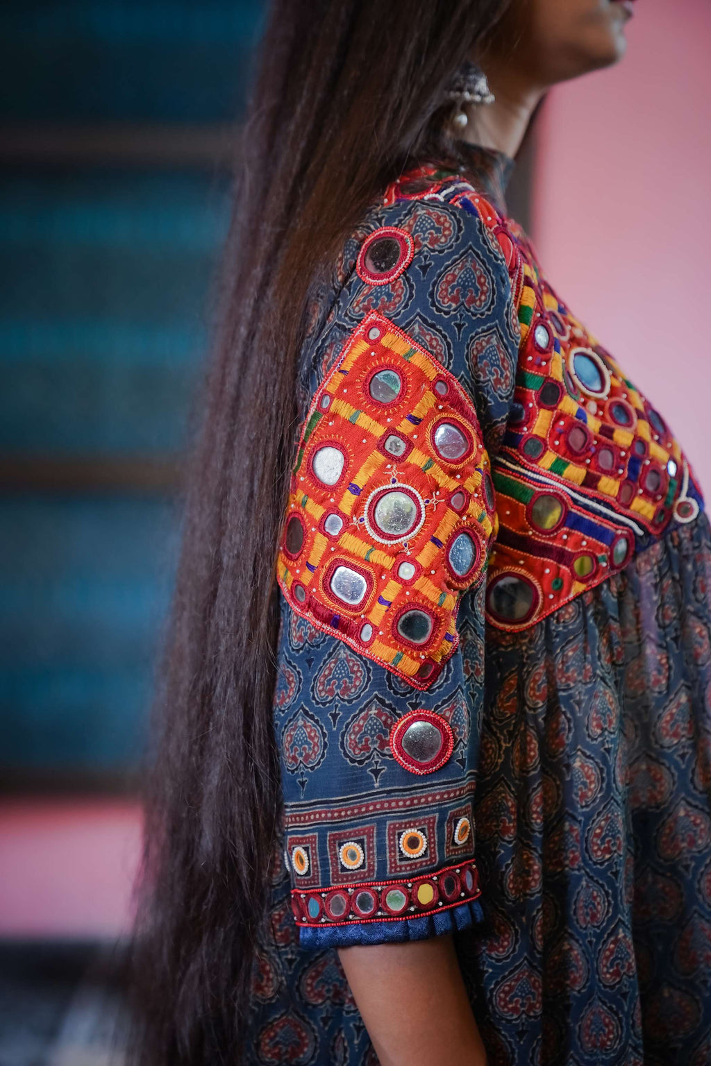 Ajrak Kurti Set in Deep Blue & Maroon with Embroidery & Geometric Print